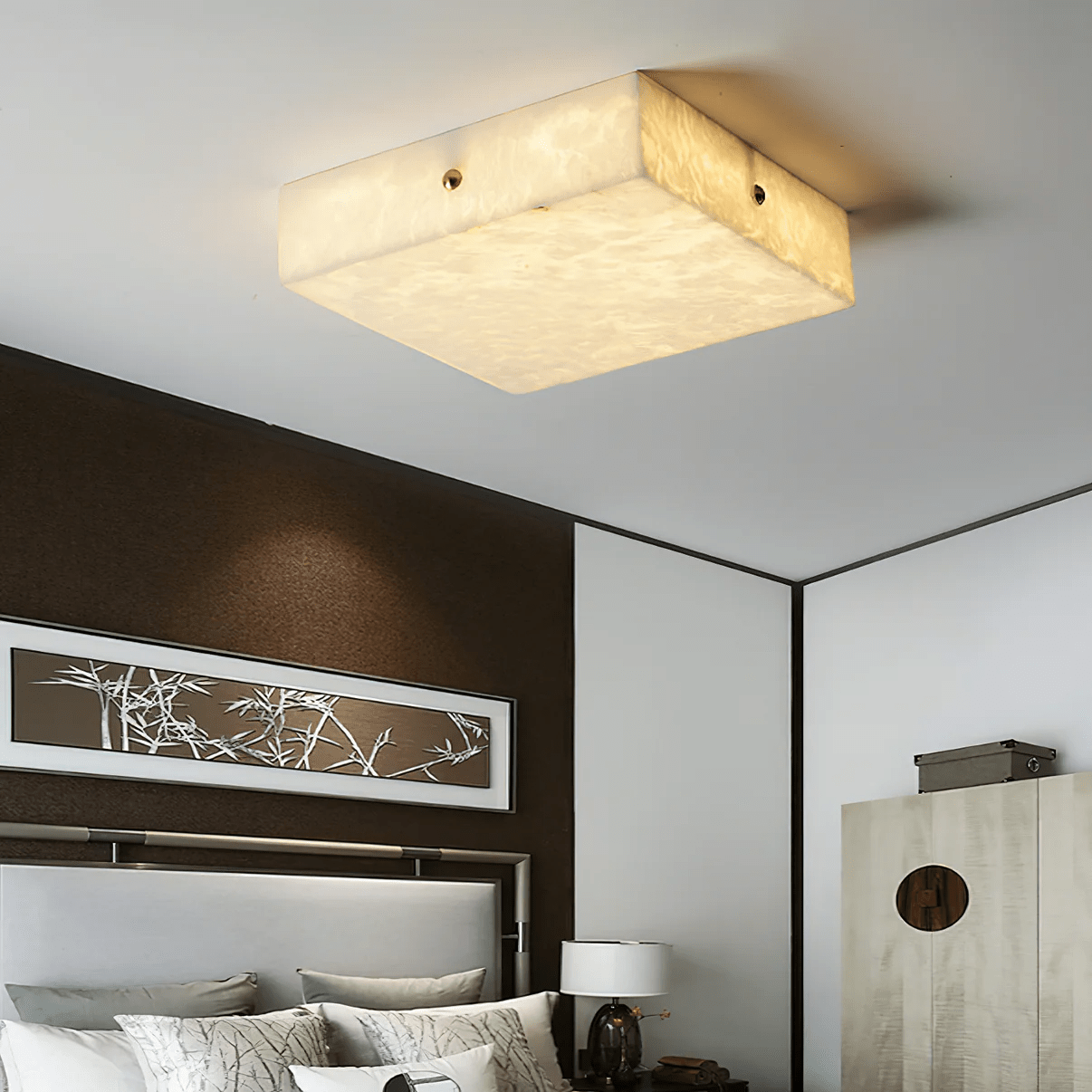 Square Alabaster Ceiling Light Hand-Carved Flush Mount LED Brass Warm White Living Room Bedroom Hallway Minimal Luxury Stone Ceiling Lamp Indoor | Faylight