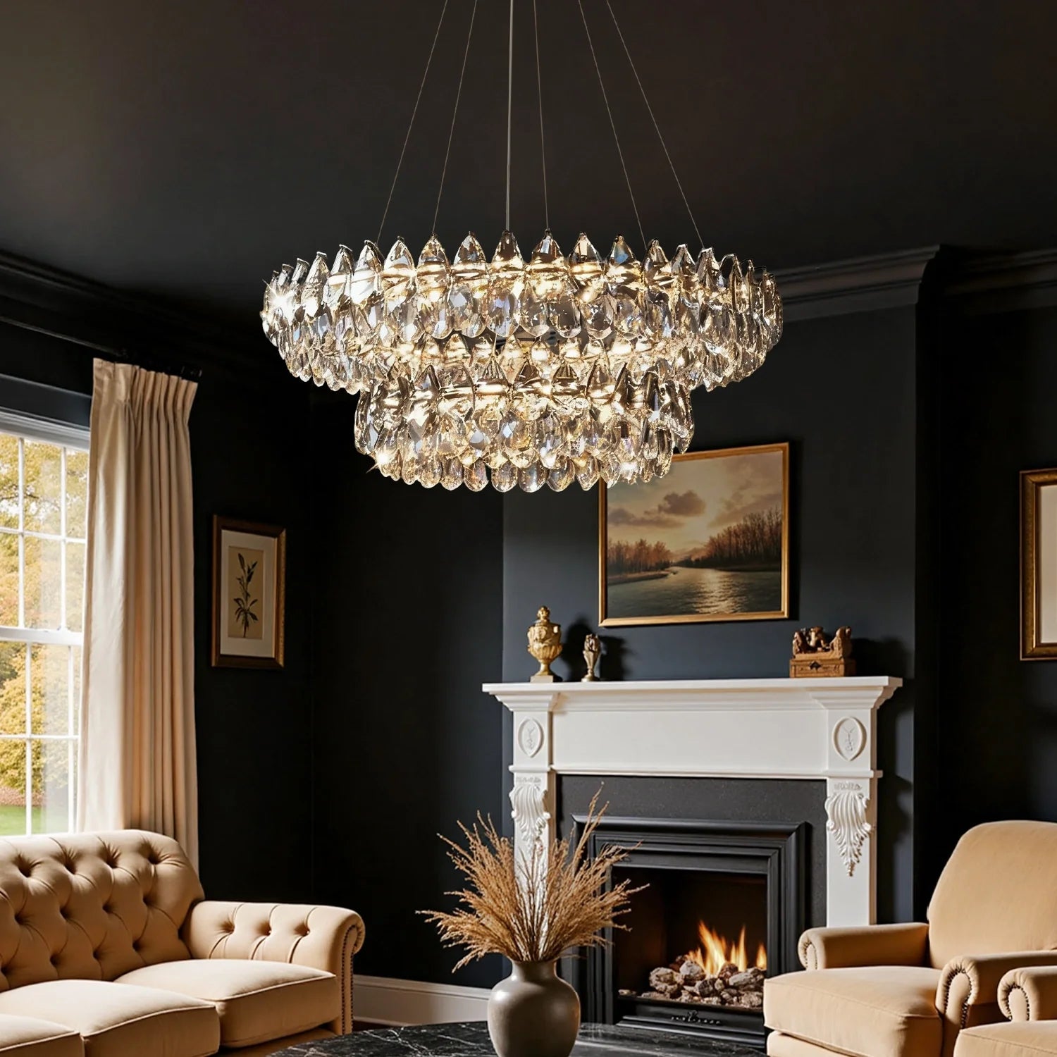 Double-Layer Water Drop Crystal Chandelier Chrome LED Living Room Dining Room Bedroom Two Ring Modern Luxury Pendant Light | Faylight
