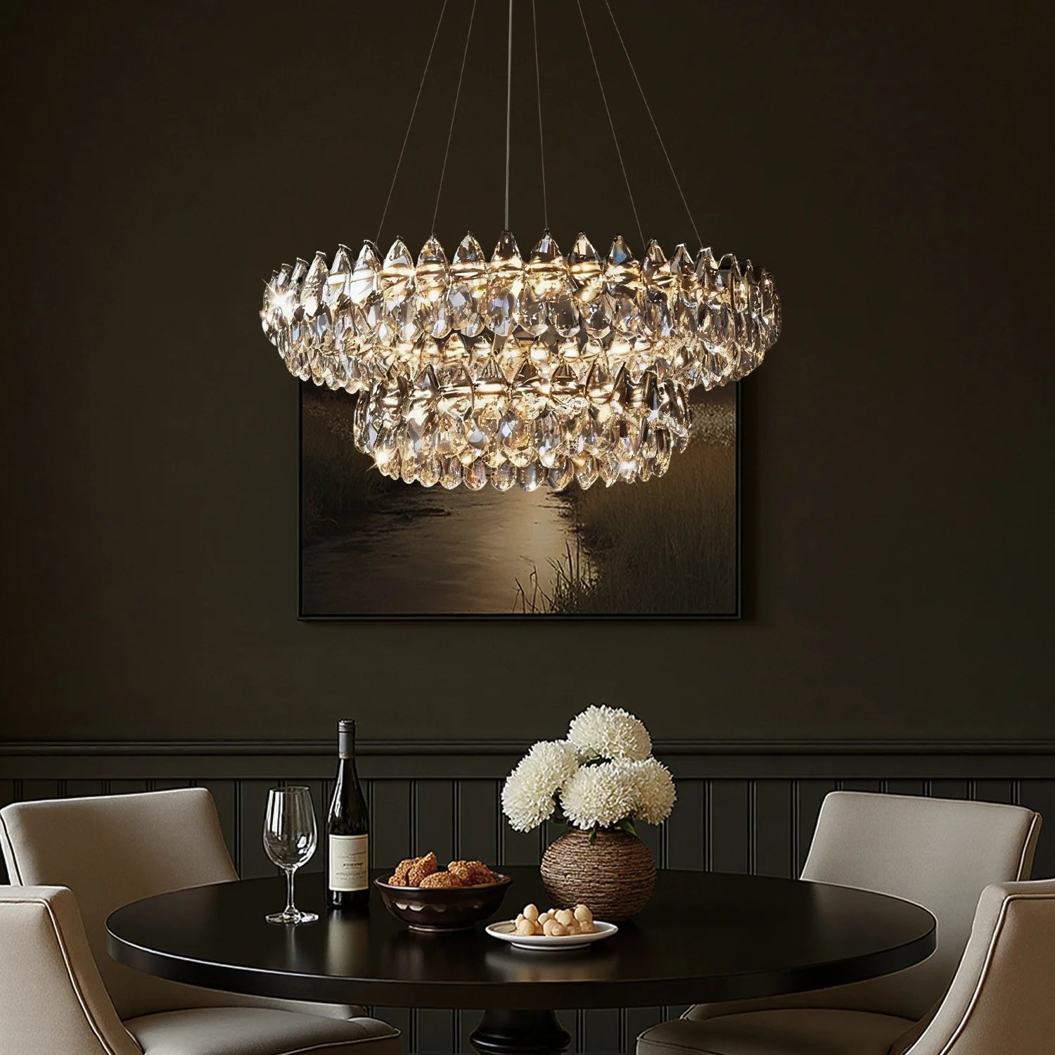Double-Layer Water Drop Crystal Chandelier Chrome LED Living Room Dining Room Bedroom Two Ring Modern Luxury Pendant Light | Faylight