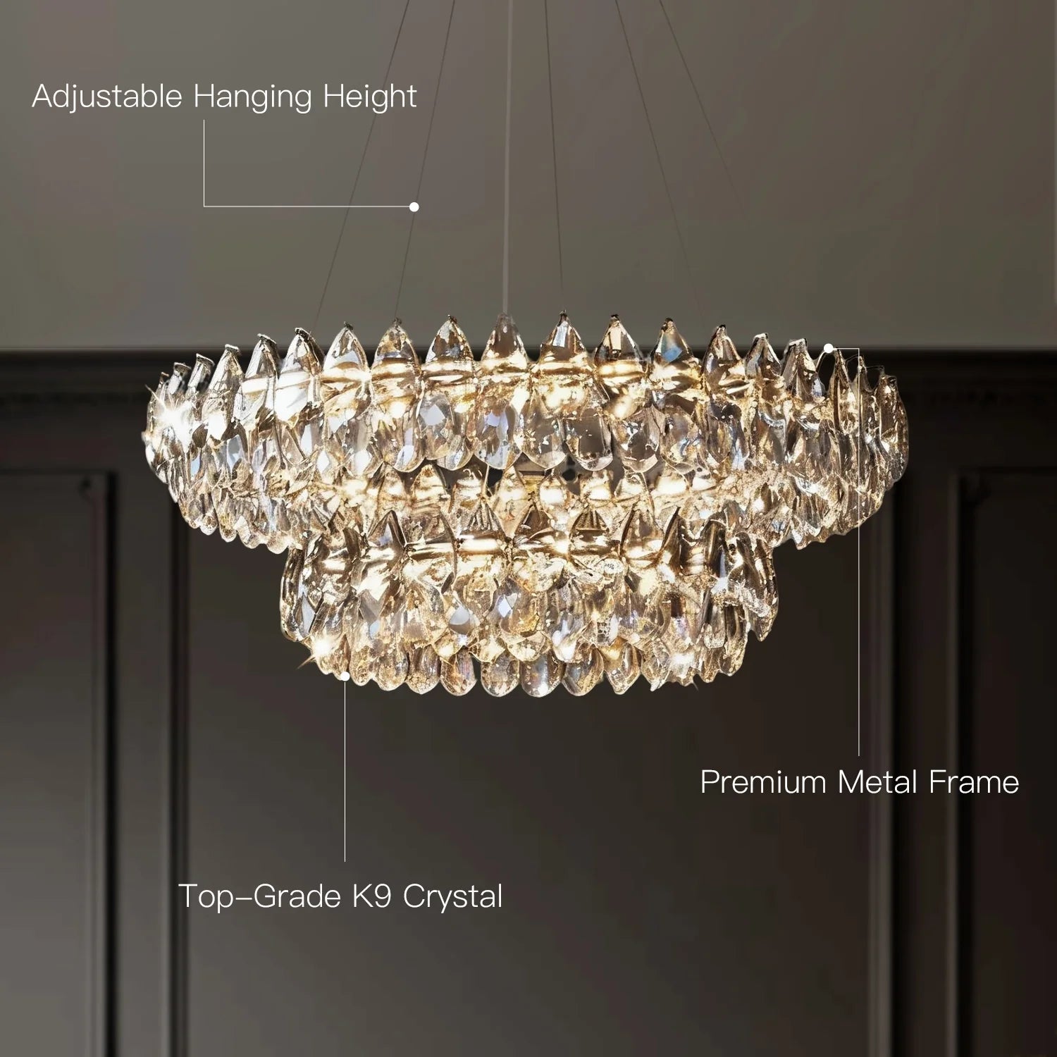 Double-Layer Water Drop Crystal Chandelier Chrome LED Living Room Dining Room Bedroom Two Ring Modern Luxury Pendant Light | Faylight