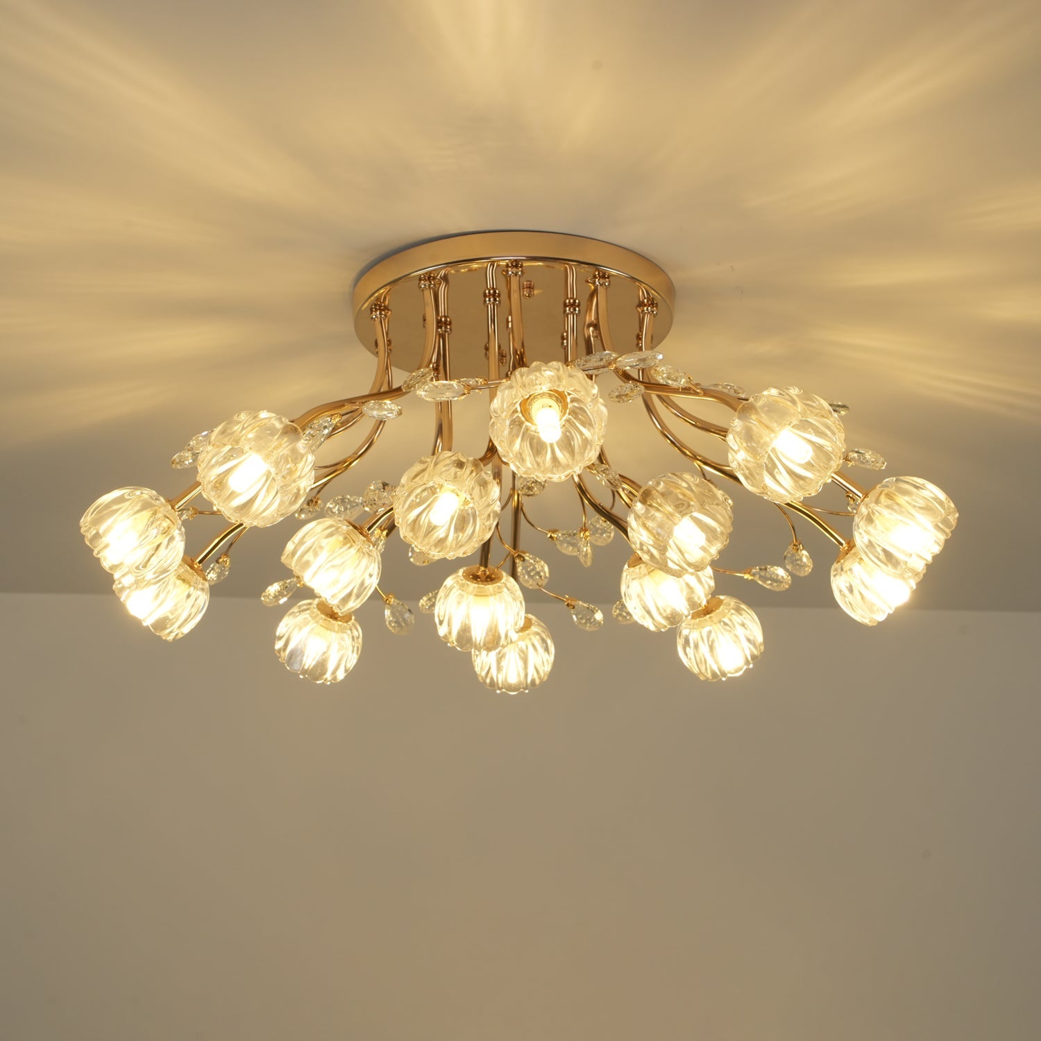 Crystal Flower Ceiling Light Gold Copper Multi-Head G9 LED Edison Living Room Dining Room Bedroom Luxury Chandelier Crystal Carved Floral Statement Lamp 9 12 15 Heads Indoor | Faylight