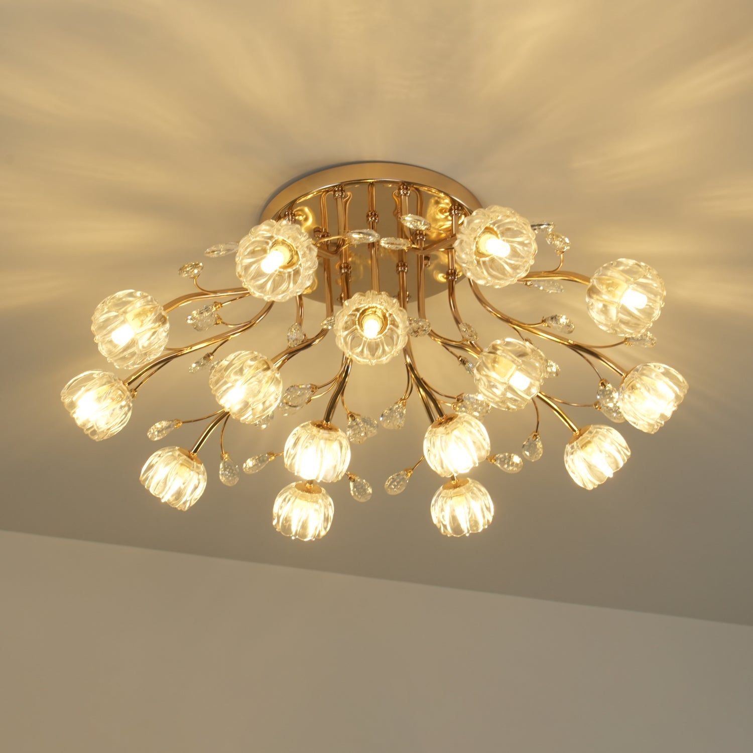 Crystal Flower Ceiling Light Gold Copper Multi-Head G9 LED Edison Living Room Dining Room Bedroom Luxury Chandelier Crystal Carved Floral Statement Lamp 9 12 15 Heads Indoor | Faylight