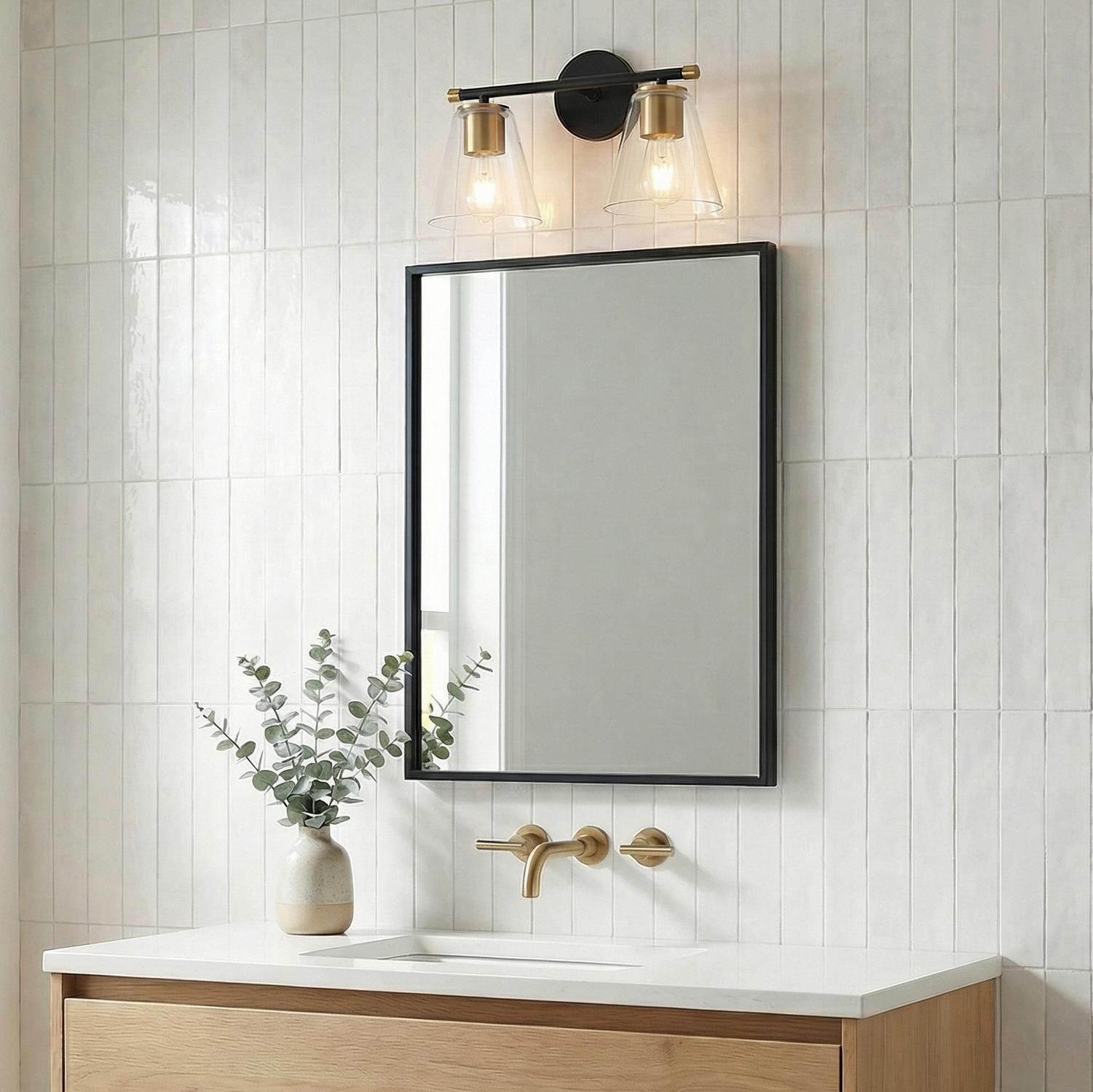 Bathroom Vanity Light 2-Light Matte Black Brushed Brass Clear Tapered Glass E26 Modern Art Deco Bath Fixture Dimmable Mirror Wall Light | Faylight