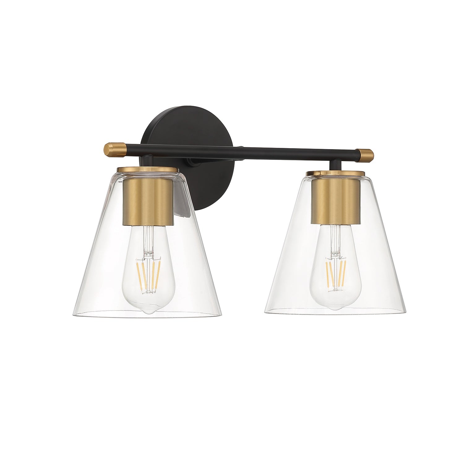 Bathroom Vanity Light 2-Light Matte Black Brushed Brass Clear Tapered Glass E26 Modern Art Deco Bath Fixture Dimmable Mirror Wall Light | Faylight