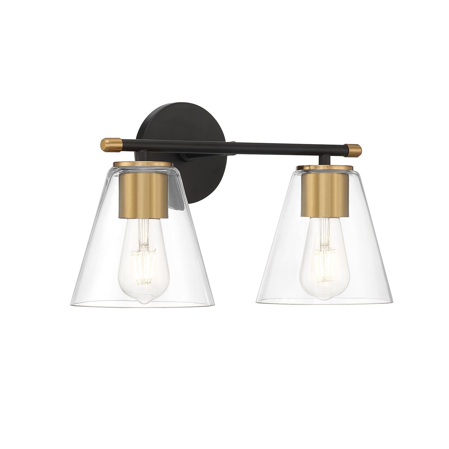 Bathroom Vanity Light 2-Light Matte Black Brushed Brass Clear Tapered Glass E26 Modern Art Deco Bath Fixture Dimmable Mirror Wall Light | Faylight