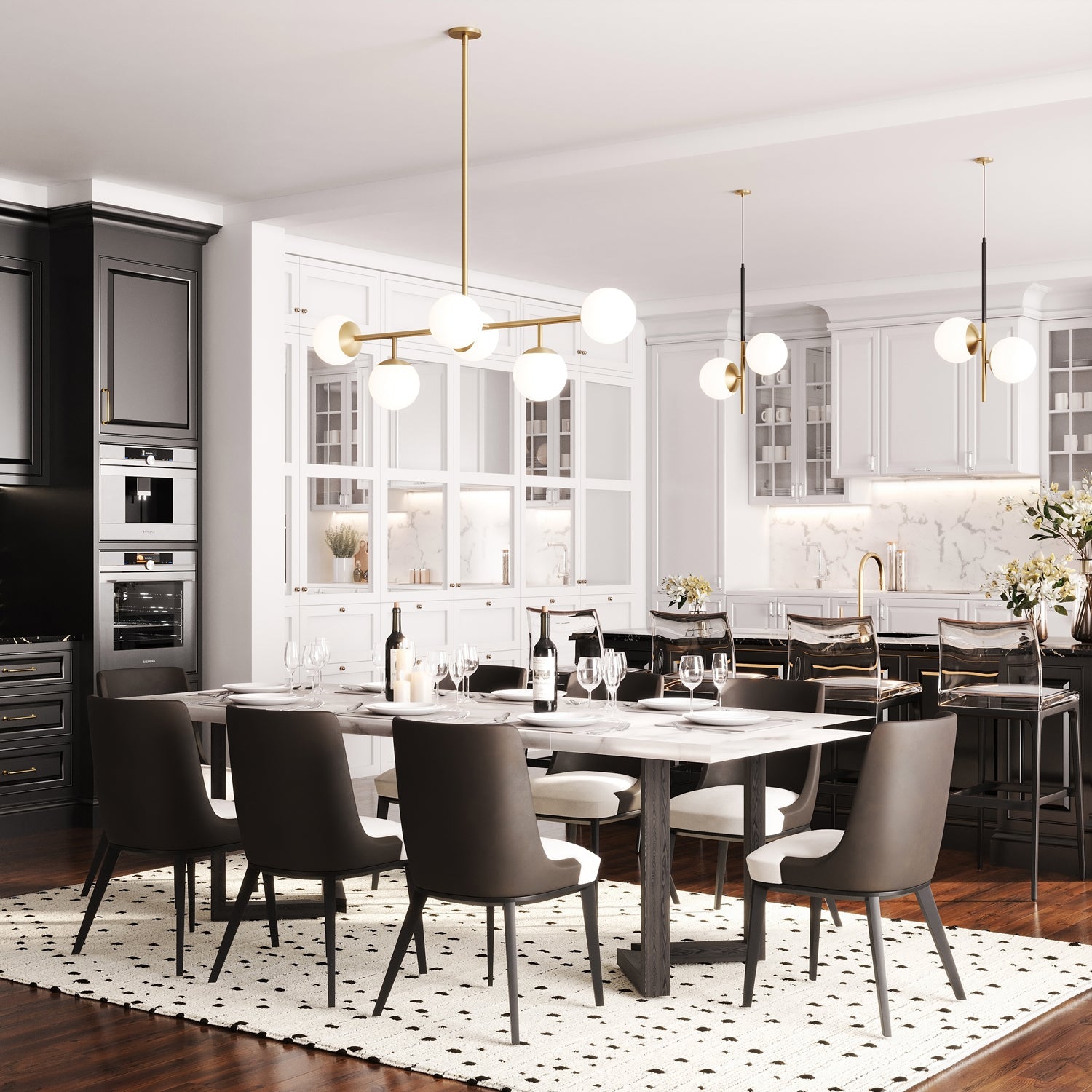 Castell 6 Globe Linear Pendant 46 Inch Aged Brass Dining Room Chandelier | Faylight
