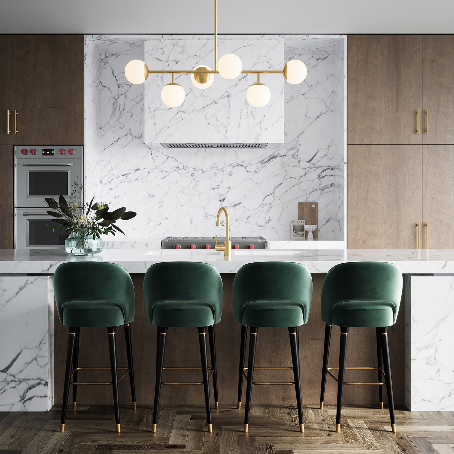 Castell 6 Globe Linear Pendant 46 Inch Aged Brass Dining Room Chandelier | Faylight