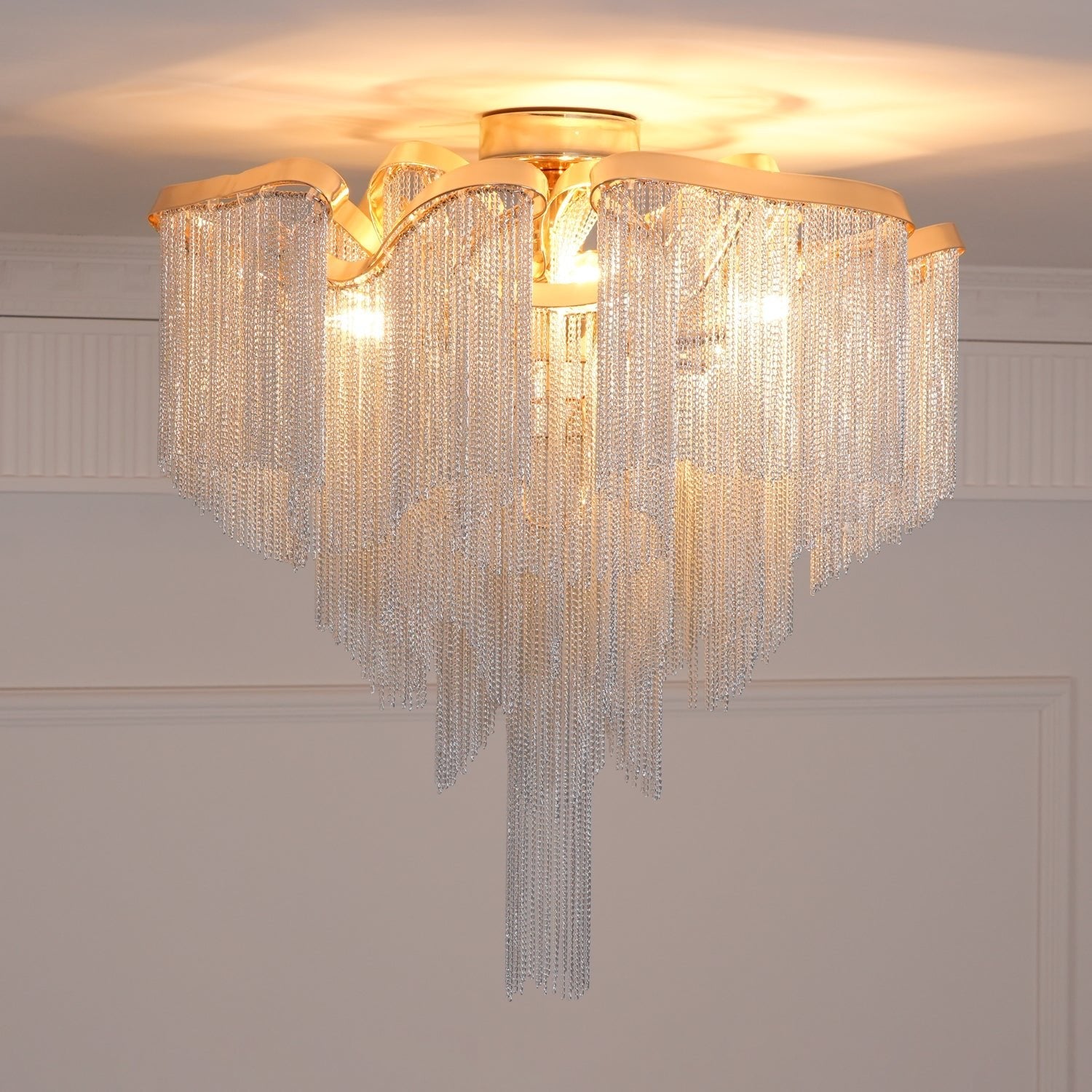 Art Deco Tassel Ceiling Light Champagne Gold Silver Chain Semi-Flush Mount Living Room Dining Room Bedroom Luxury Chandelier E14 LED Edison Low Ceiling Statement Lamp Indoor | Faylight