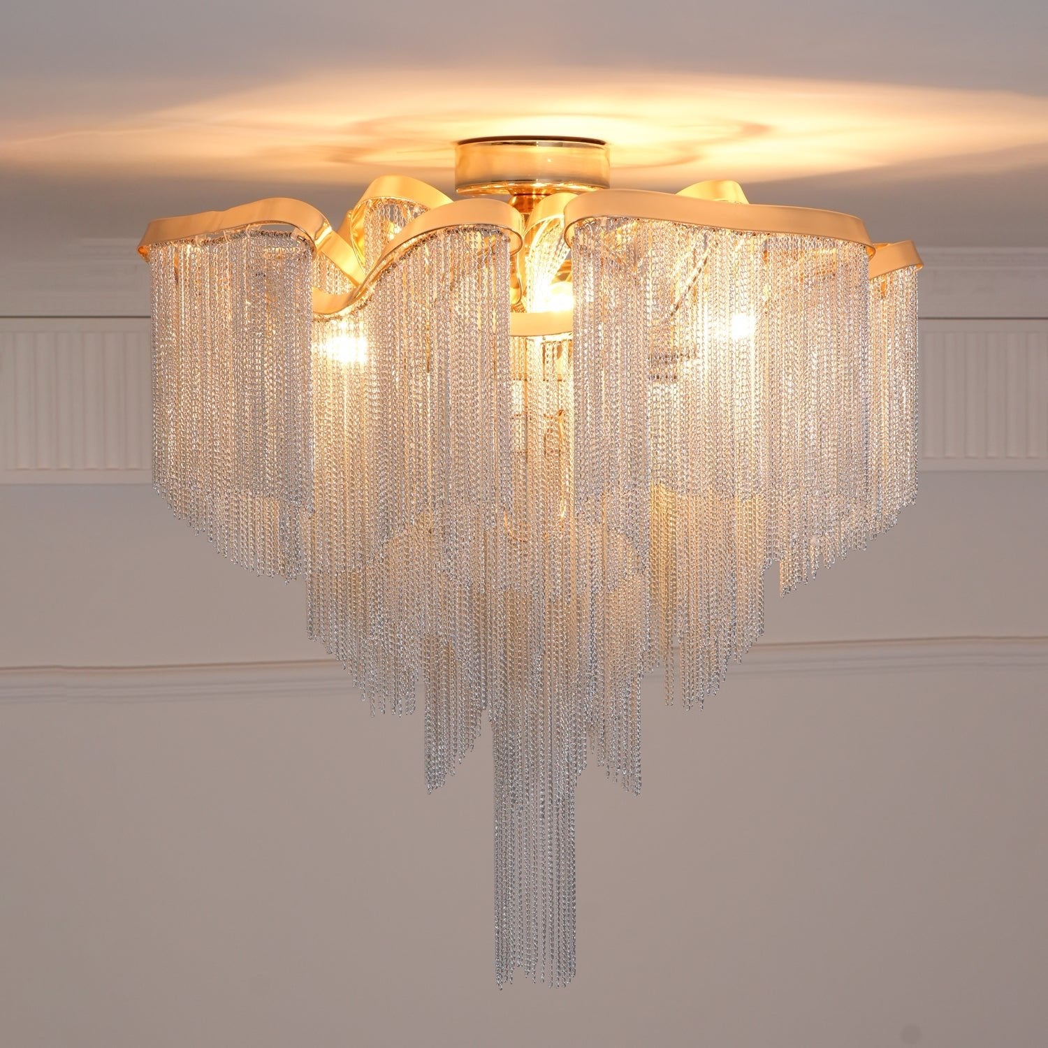 Art Deco Tassel Ceiling Light Champagne Gold Silver Chain Semi-Flush Mount Living Room Dining Room Bedroom Luxury Chandelier E14 LED Edison Low Ceiling Statement Lamp Indoor | Faylight
