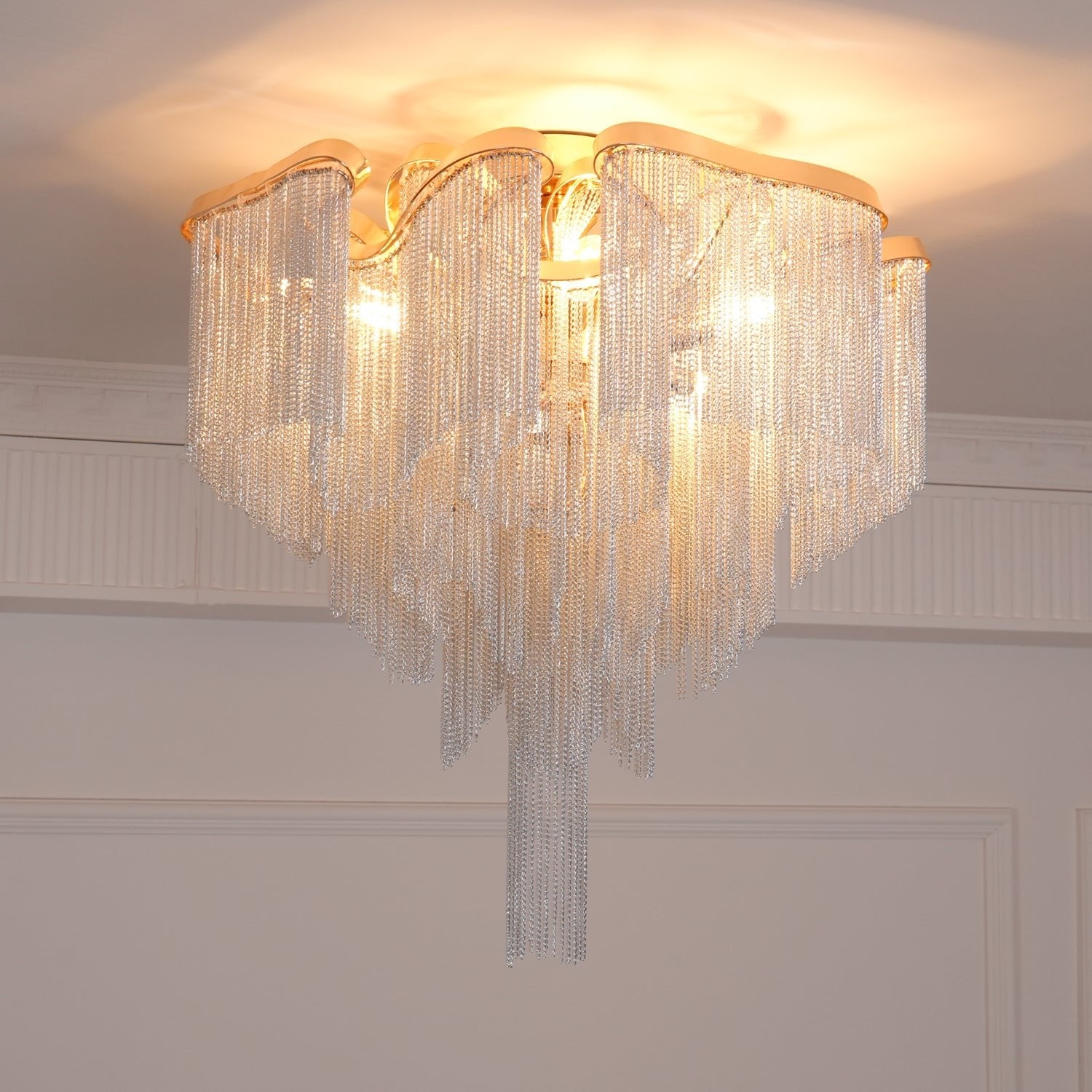 Art Deco Tassel Ceiling Light Champagne Gold Silver Chain Semi-Flush Mount Living Room Dining Room Bedroom Luxury Chandelier E14 LED Edison Low Ceiling Statement Lamp Indoor | Faylight
