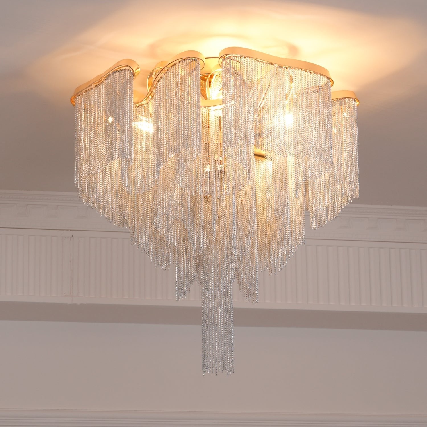 Art Deco Tassel Ceiling Light Champagne Gold Silver Chain Semi-Flush Mount Living Room Dining Room Bedroom Luxury Chandelier E14 LED Edison Low Ceiling Statement Lamp Indoor | Faylight