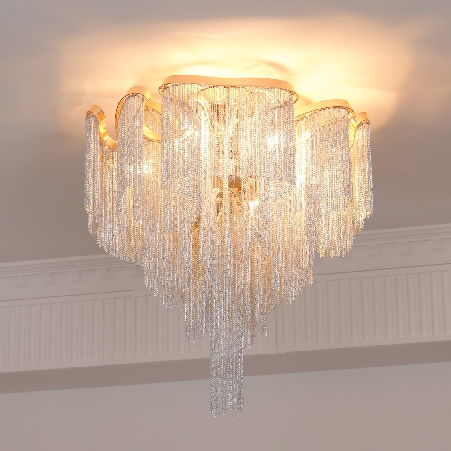 Art Deco Tassel Ceiling Light Champagne Gold Silver Chain Semi-Flush Mount Living Room Dining Room Bedroom Luxury Chandelier E14 LED Edison Low Ceiling Statement Lamp Indoor | Faylight