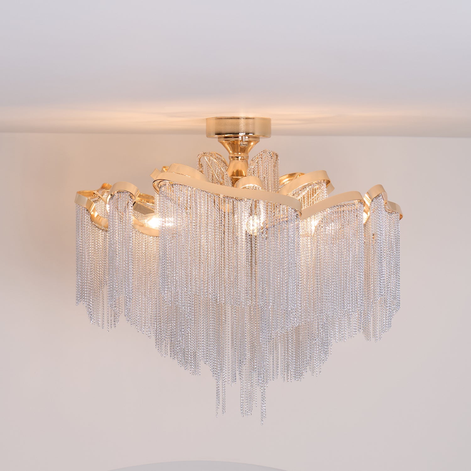 Art Deco Tassel Ceiling Light Champagne Gold Silver Chain Semi-Flush Mount Living Room Dining Room Bedroom Luxury Chandelier E14 LED Edison Low Ceiling Statement Lamp Indoor | Faylight