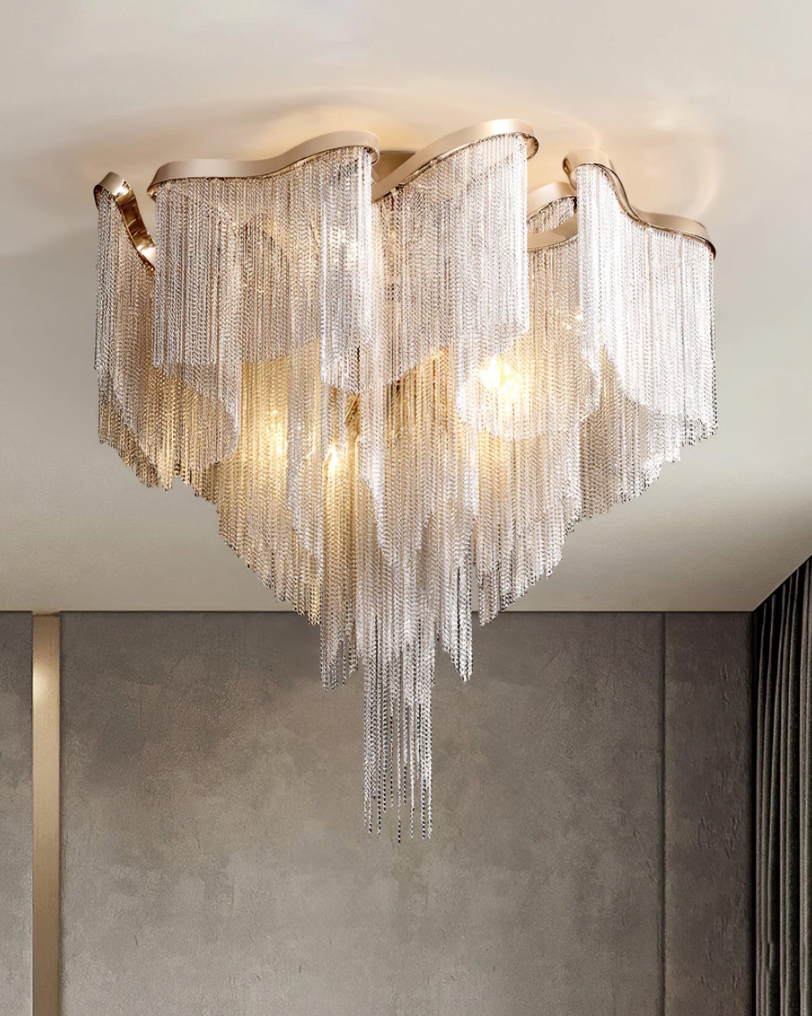 Art Deco Tassel Ceiling Light Champagne Gold Silver Chain Semi-Flush Mount Living Room Dining Room Bedroom Luxury Chandelier E14 LED Edison Low Ceiling Statement Lamp Indoor | Faylight