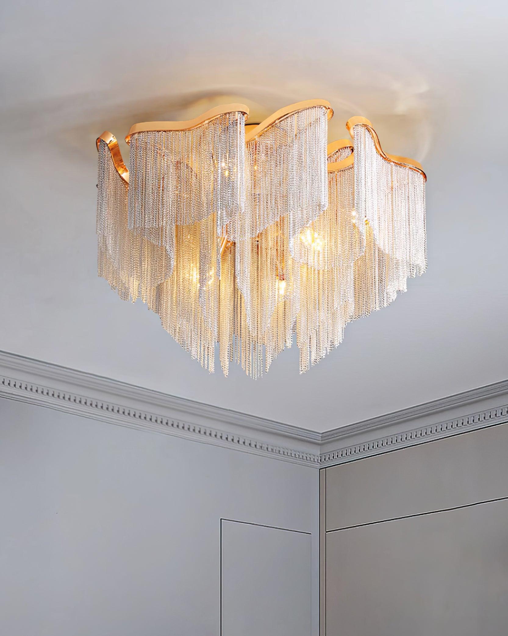 Art Deco Tassel Ceiling Light Champagne Gold Silver Chain Semi-Flush Mount Living Room Dining Room Bedroom Luxury Chandelier E14 LED Edison Low Ceiling Statement Lamp Indoor | Faylight