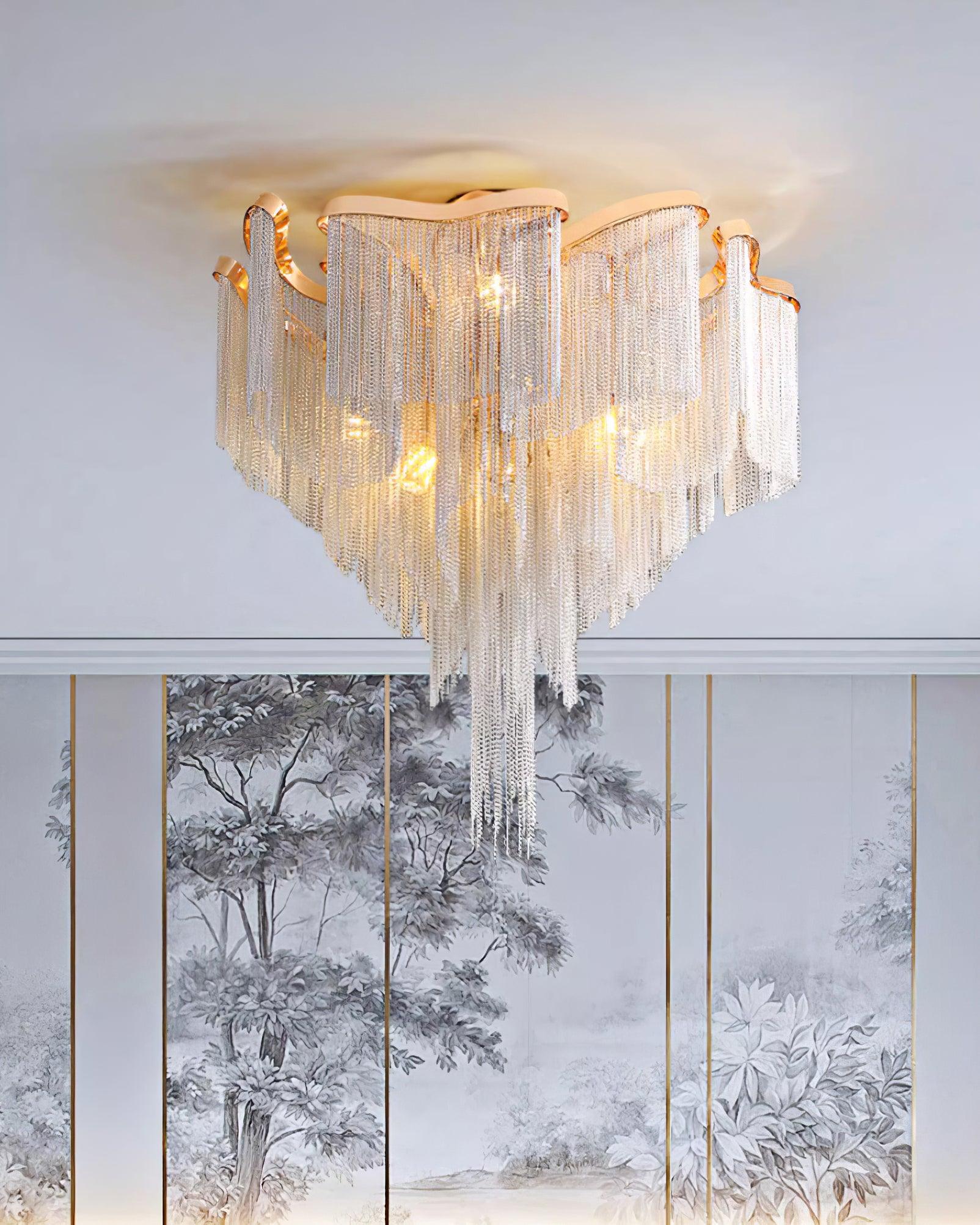 Art Deco Tassel Ceiling Light Champagne Gold Silver Chain Semi-Flush Mount Living Room Dining Room Bedroom Luxury Chandelier E14 LED Edison Low Ceiling Statement Lamp Indoor | Faylight