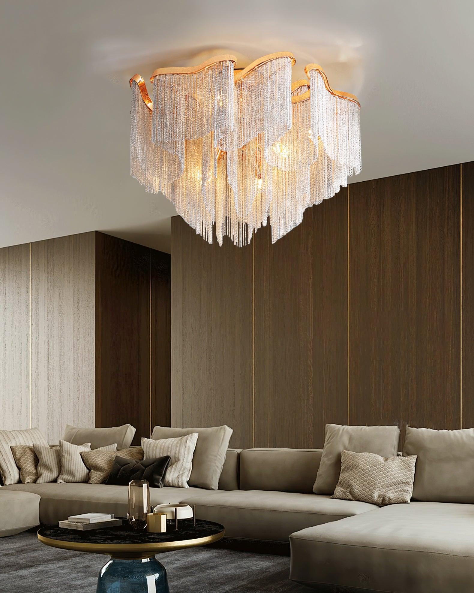 Art Deco Tassel Ceiling Light Champagne Gold Silver Chain Semi-Flush Mount Living Room Dining Room Bedroom Luxury Chandelier E14 LED Edison Low Ceiling Statement Lamp Indoor | Faylight
