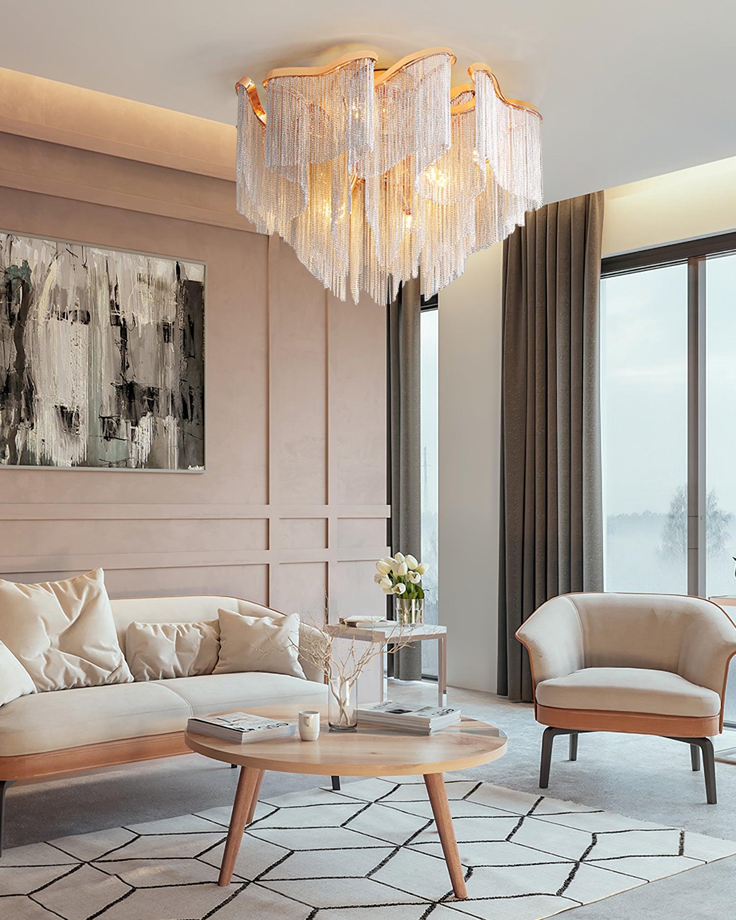 Art Deco Tassel Ceiling Light Champagne Gold Silver Chain Semi-Flush Mount Living Room Dining Room Bedroom Luxury Chandelier E14 LED Edison Low Ceiling Statement Lamp Indoor | Faylight
