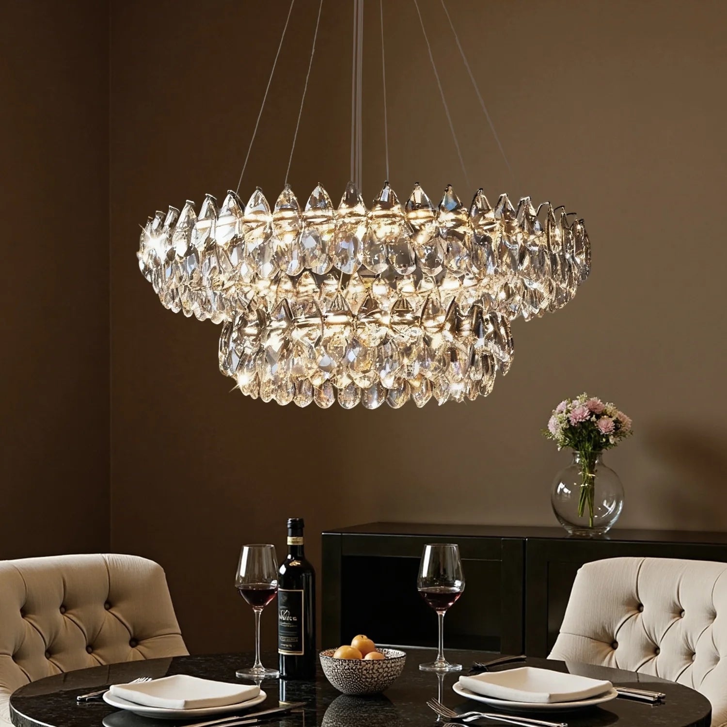 Double-Layer Water Drop Crystal Chandelier Chrome LED Living Room Dining Room Bedroom Two Ring Modern Luxury Pendant Light | Faylight