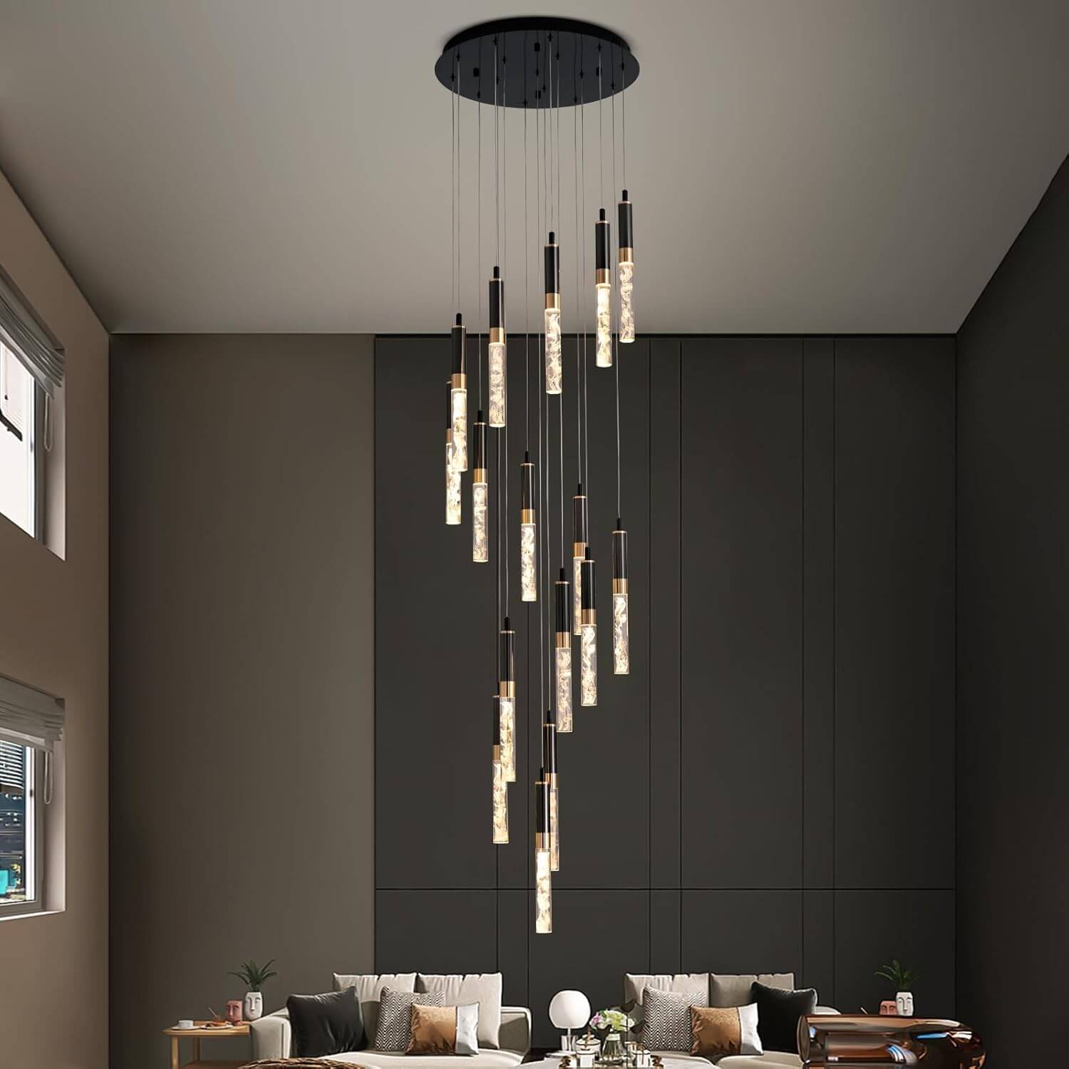 Crystal Foyer Chandelier Black K9 Cascading LED 16 Lights High Ceiling Staircase Living Room Modern Luxury | Faylight