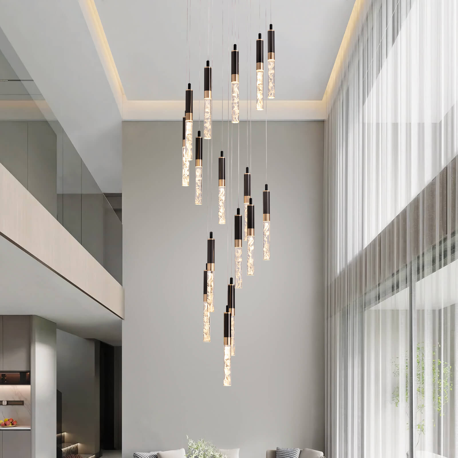 Crystal Foyer Chandelier Black K9 Cascading LED 16 Lights High Ceiling Staircase Living Room Modern Luxury | Faylight