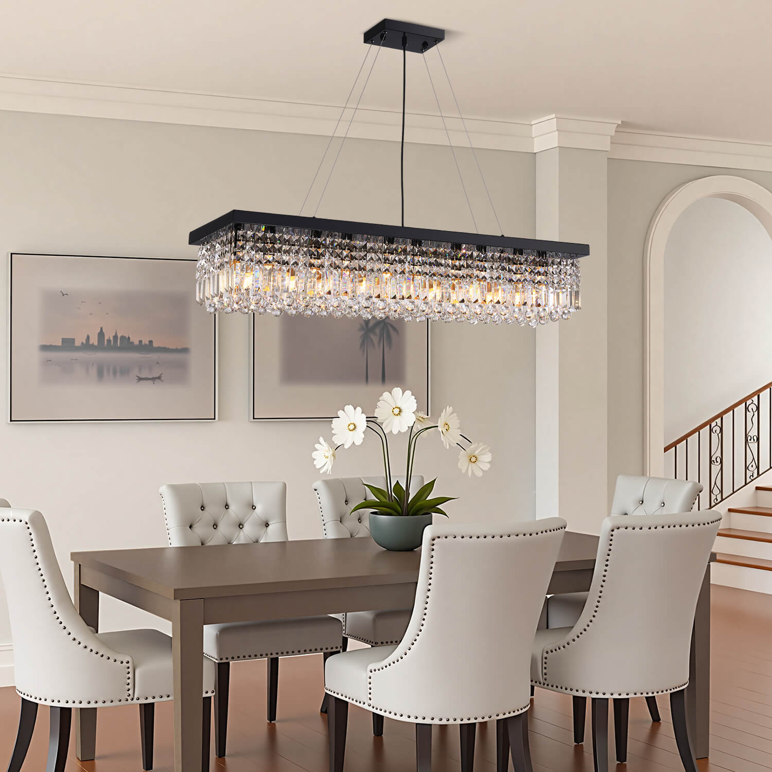 Crystal Chandelier Rectangular Black K9 Crystal Metal Dining Room Kitchen Island Linear Pendant Light Raindrop Modern | Faylight