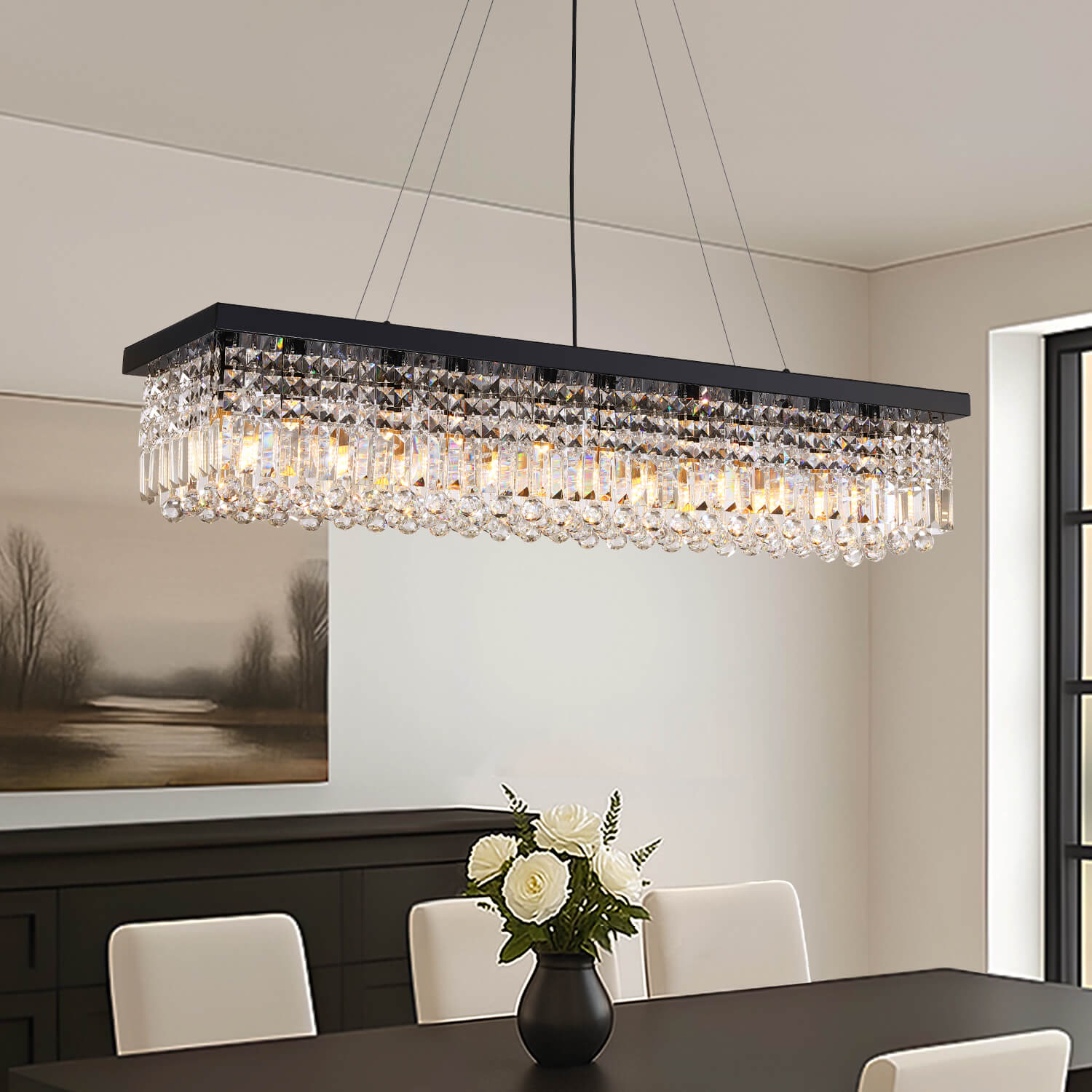 Crystal Chandelier Rectangular Black K9 Crystal Metal Dining Room Kitchen Island Linear Pendant Light Raindrop Modern | Faylight