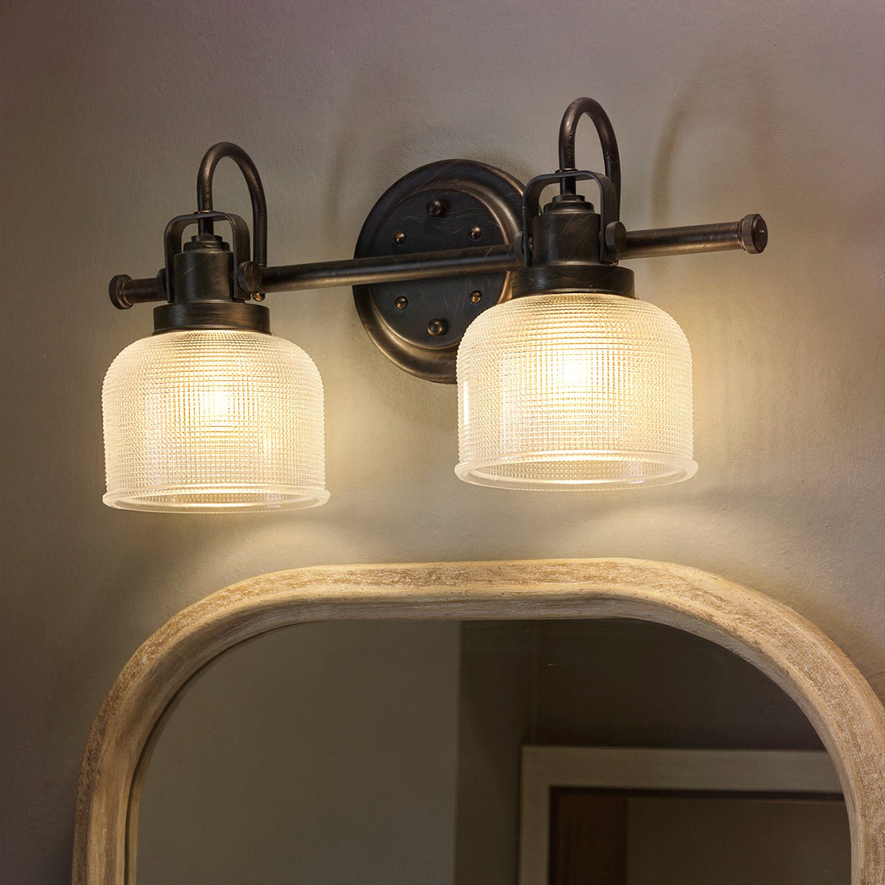 Industrial Bathroom Vanity Light 2-Light Fashion Bronze Prismatic Glass Bowl E26 Bath Fixture Dimmable Mirror Wall Light | Faylight