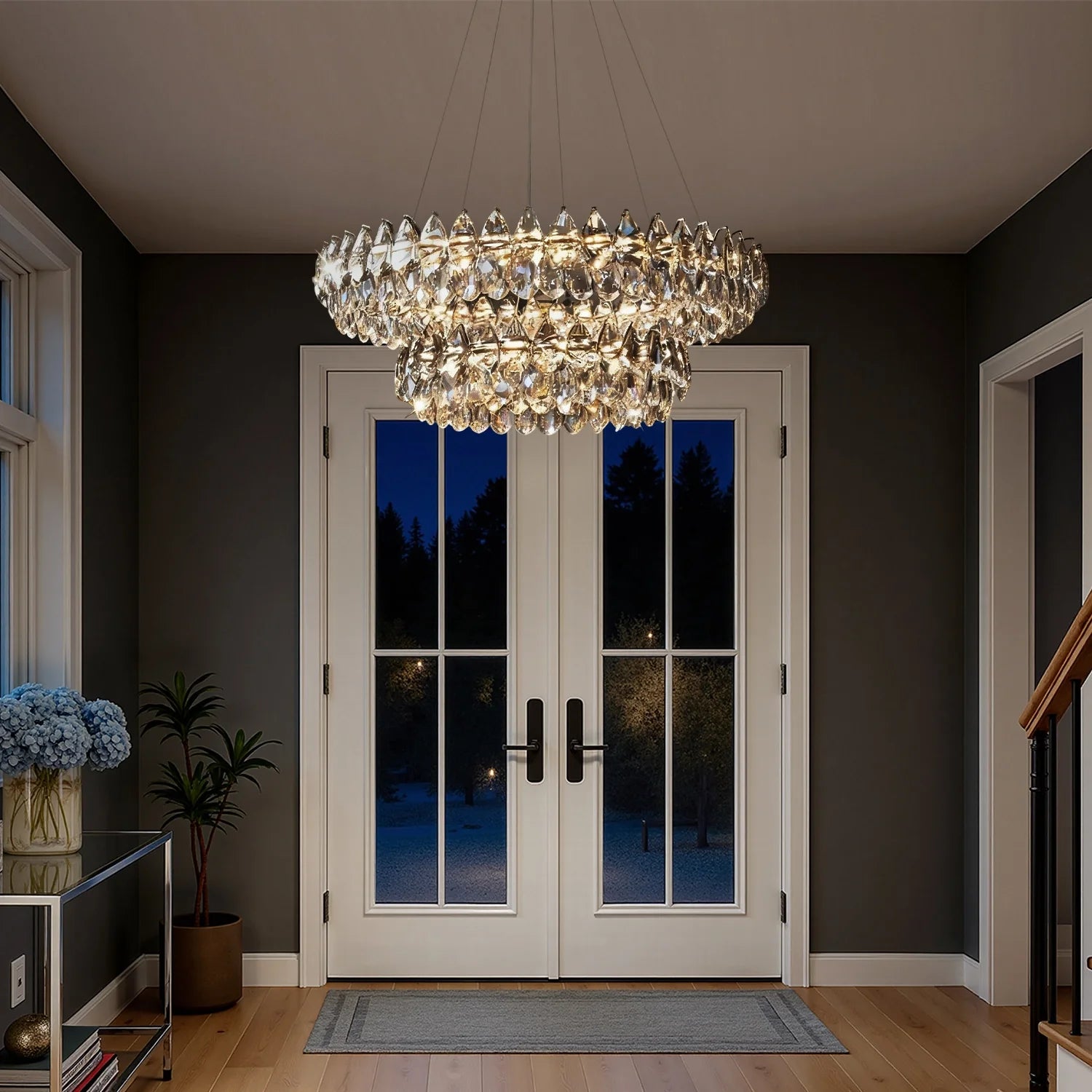 Double-Layer Water Drop Crystal Chandelier Chrome LED Living Room Dining Room Bedroom Two Ring Modern Luxury Pendant Light | Faylight