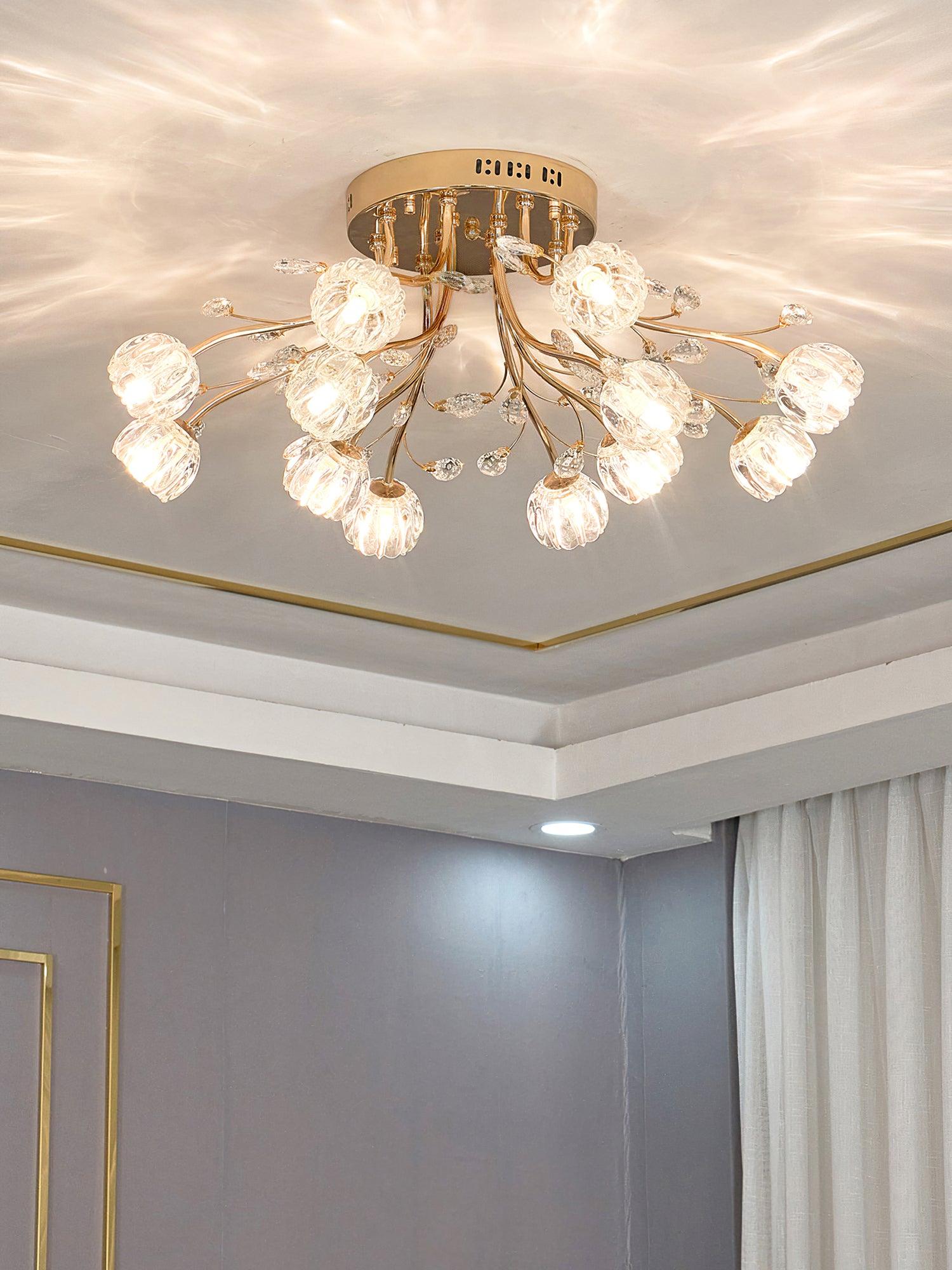 Crystal Flower Ceiling Light Gold Copper Multi-Head G9 LED Edison Living Room Dining Room Bedroom Luxury Chandelier Crystal Carved Floral Statement Lamp 9 12 15 Heads Indoor | Faylight