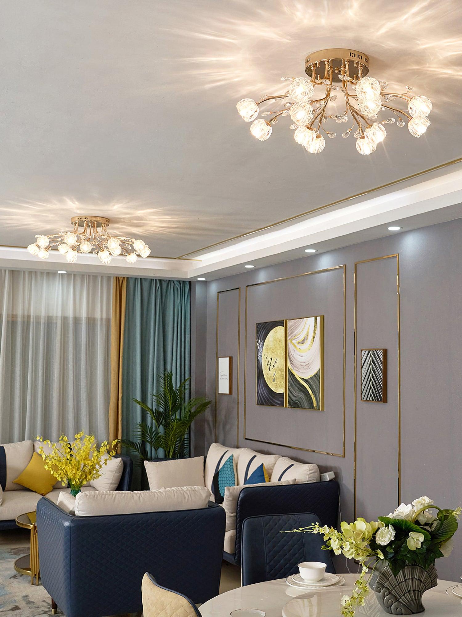 Crystal Flower Ceiling Light Gold Copper Multi-Head G9 LED Edison Living Room Dining Room Bedroom Luxury Chandelier Crystal Carved Floral Statement Lamp 9 12 15 Heads Indoor | Faylight