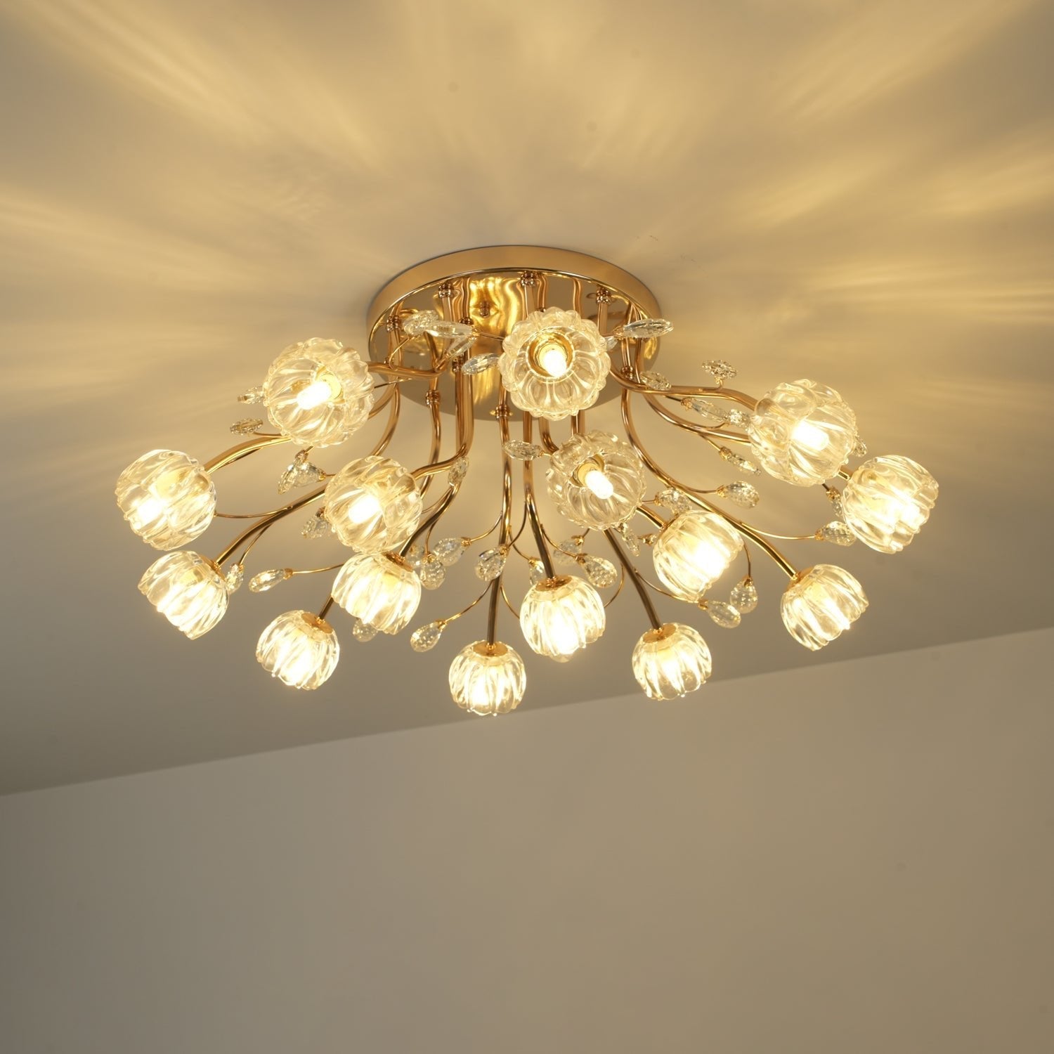 Crystal Flower Ceiling Light Gold Copper Multi-Head G9 LED Edison Living Room Dining Room Bedroom Luxury Chandelier Crystal Carved Floral Statement Lamp 9 12 15 Heads Indoor | Faylight