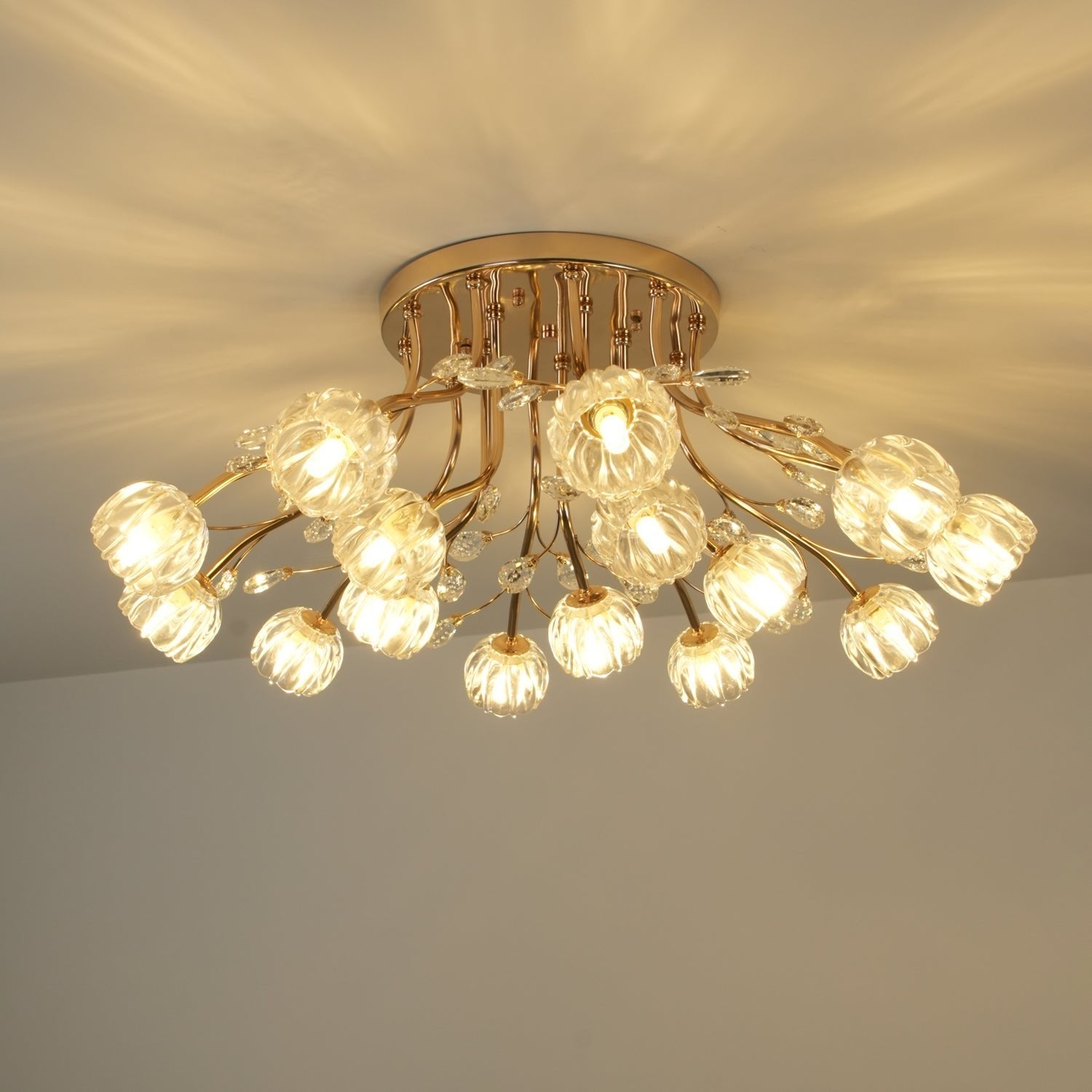 Crystal Flower Ceiling Light Gold Copper Multi-Head G9 LED Edison Living Room Dining Room Bedroom Luxury Chandelier Crystal Carved Floral Statement Lamp 9 12 15 Heads Indoor | Faylight