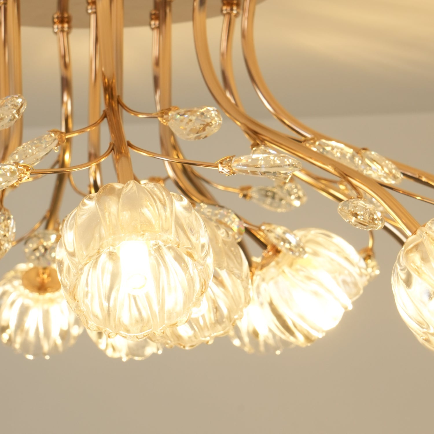 Crystal Flower Ceiling Light Gold Copper Multi-Head G9 LED Edison Living Room Dining Room Bedroom Luxury Chandelier Crystal Carved Floral Statement Lamp 9 12 15 Heads Indoor | Faylight