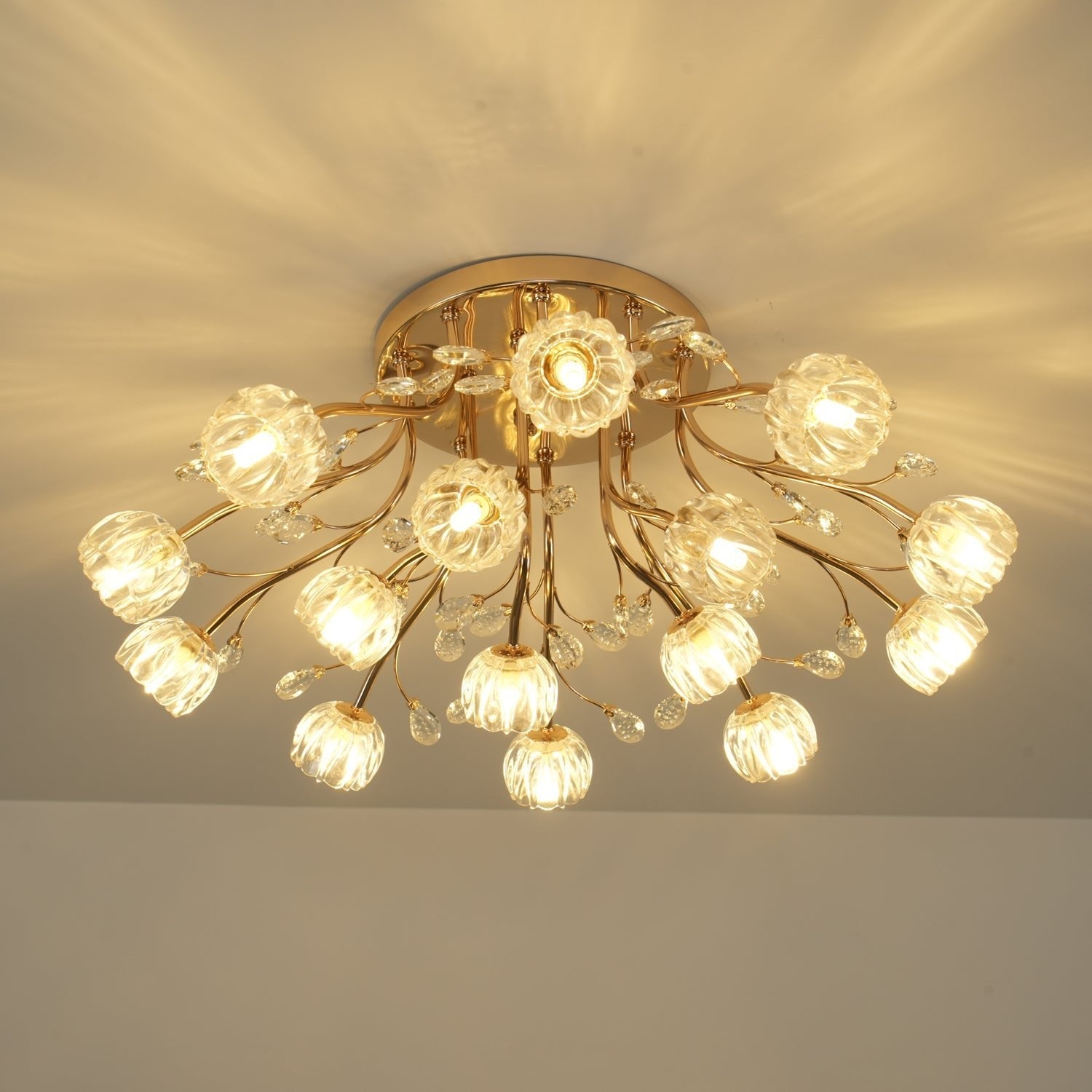 Crystal Flower Ceiling Light Gold Copper Multi-Head G9 LED Edison Living Room Dining Room Bedroom Luxury Chandelier Crystal Carved Floral Statement Lamp 9 12 15 Heads Indoor | Faylight