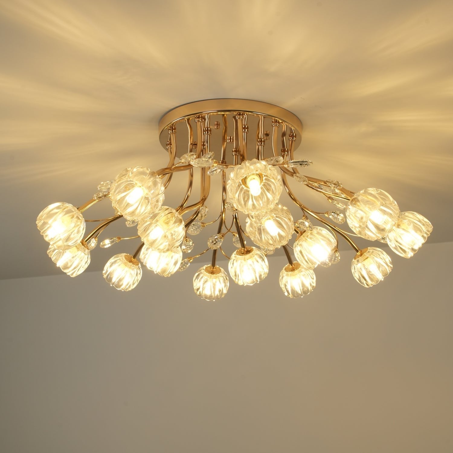 Crystal Flower Ceiling Light Gold Copper Multi-Head G9 LED Edison Living Room Dining Room Bedroom Luxury Chandelier Crystal Carved Floral Statement Lamp 9 12 15 Heads Indoor | Faylight
