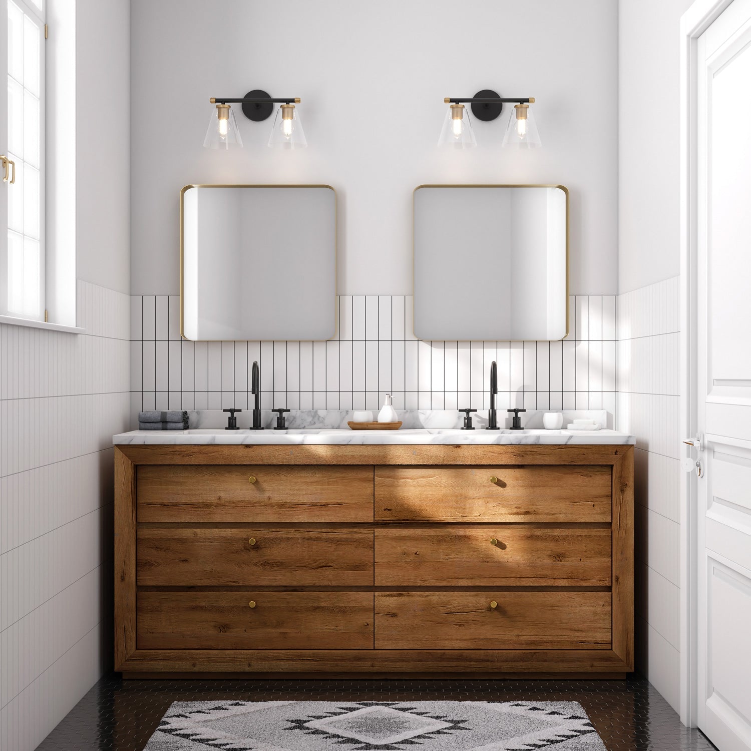 Bathroom Vanity Light 2-Light Matte Black Brushed Brass Clear Tapered Glass E26 Modern Art Deco Bath Fixture Dimmable Mirror Wall Light | Faylight