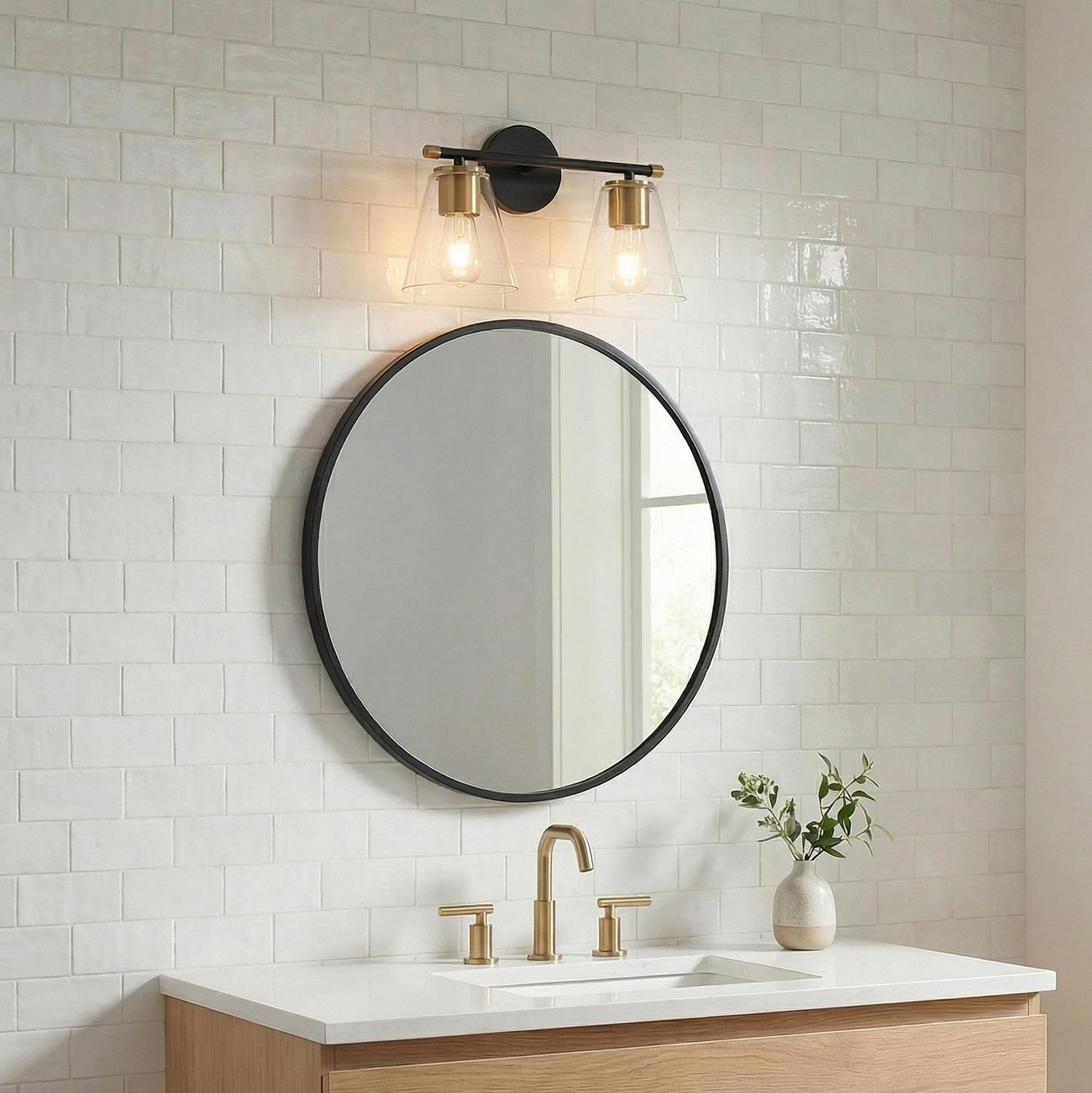 Bathroom Vanity Light 2-Light Matte Black Brushed Brass Clear Tapered Glass E26 Modern Art Deco Bath Fixture Dimmable Mirror Wall Light | Faylight