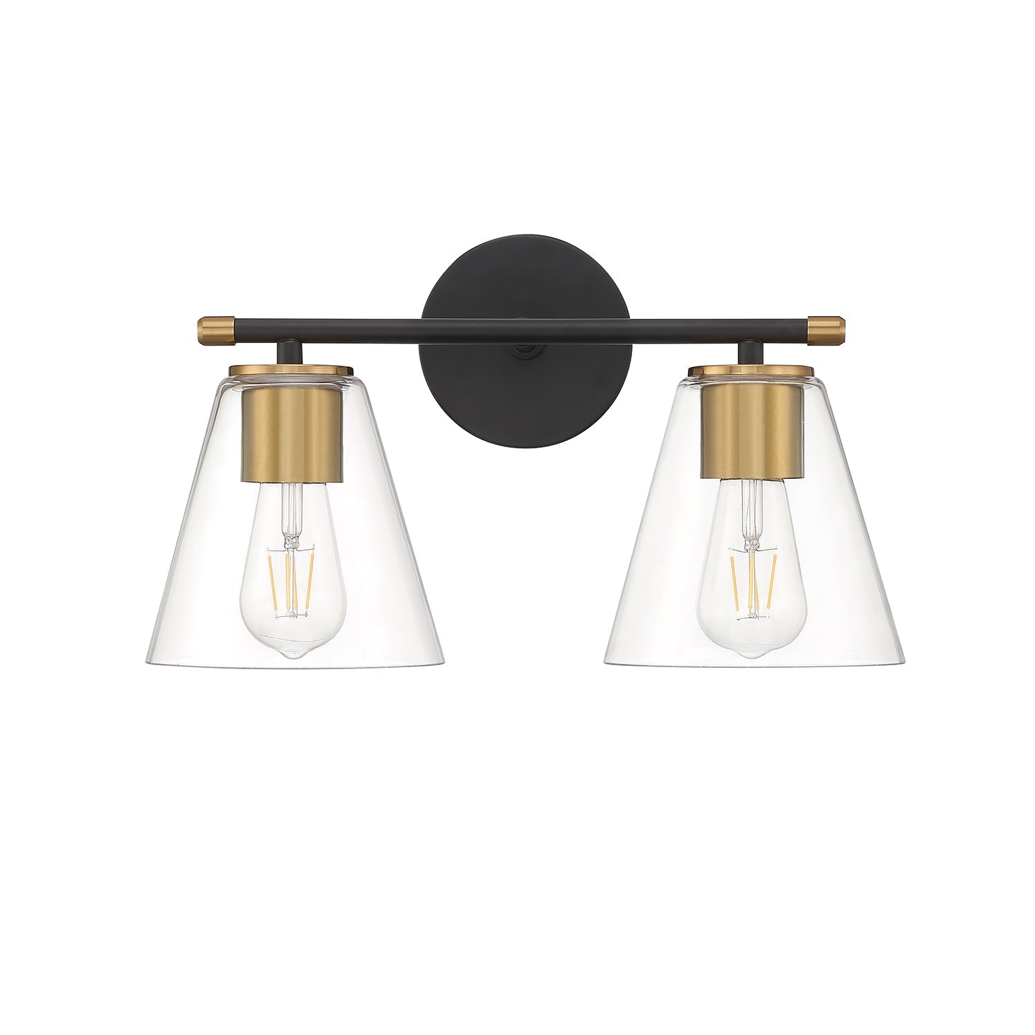 Bathroom Vanity Light 2-Light Matte Black Brushed Brass Clear Tapered Glass E26 Modern Art Deco Bath Fixture Dimmable Mirror Wall Light | Faylight