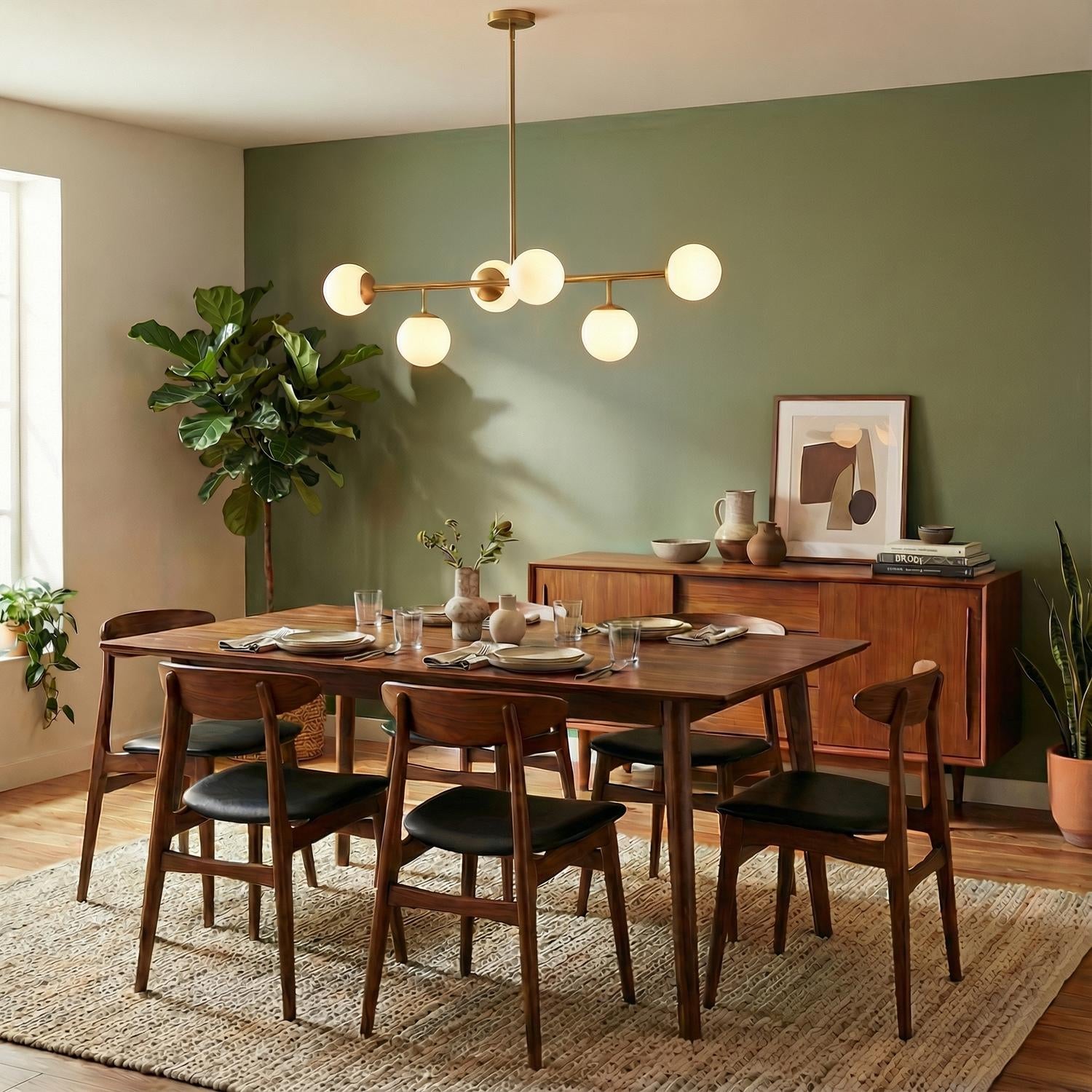 Castell 6 Globe Linear Pendant 46 Inch Aged Brass Dining Room Chandelier | Faylight