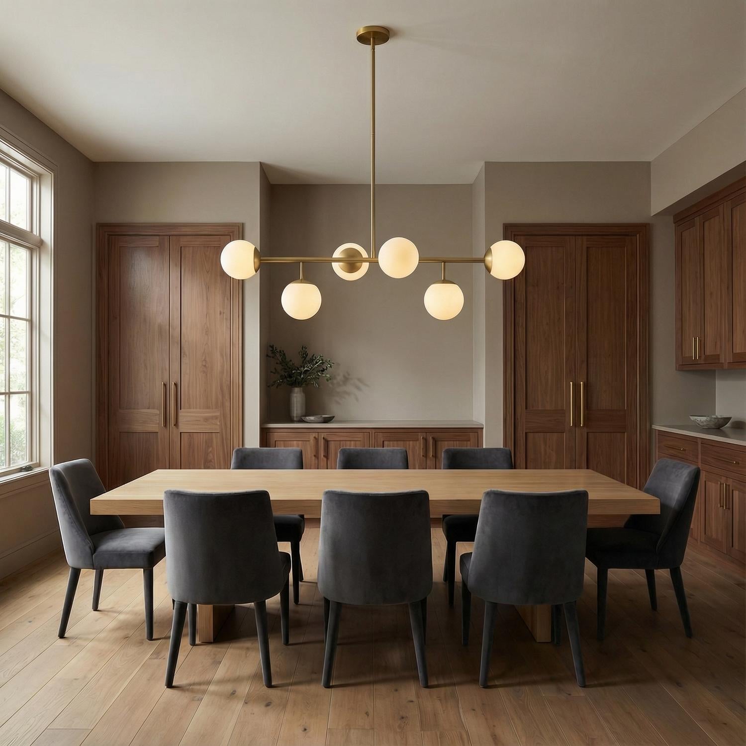 Castell 6 Globe Linear Pendant 46 Inch Aged Brass Dining Room Chandelier | Faylight