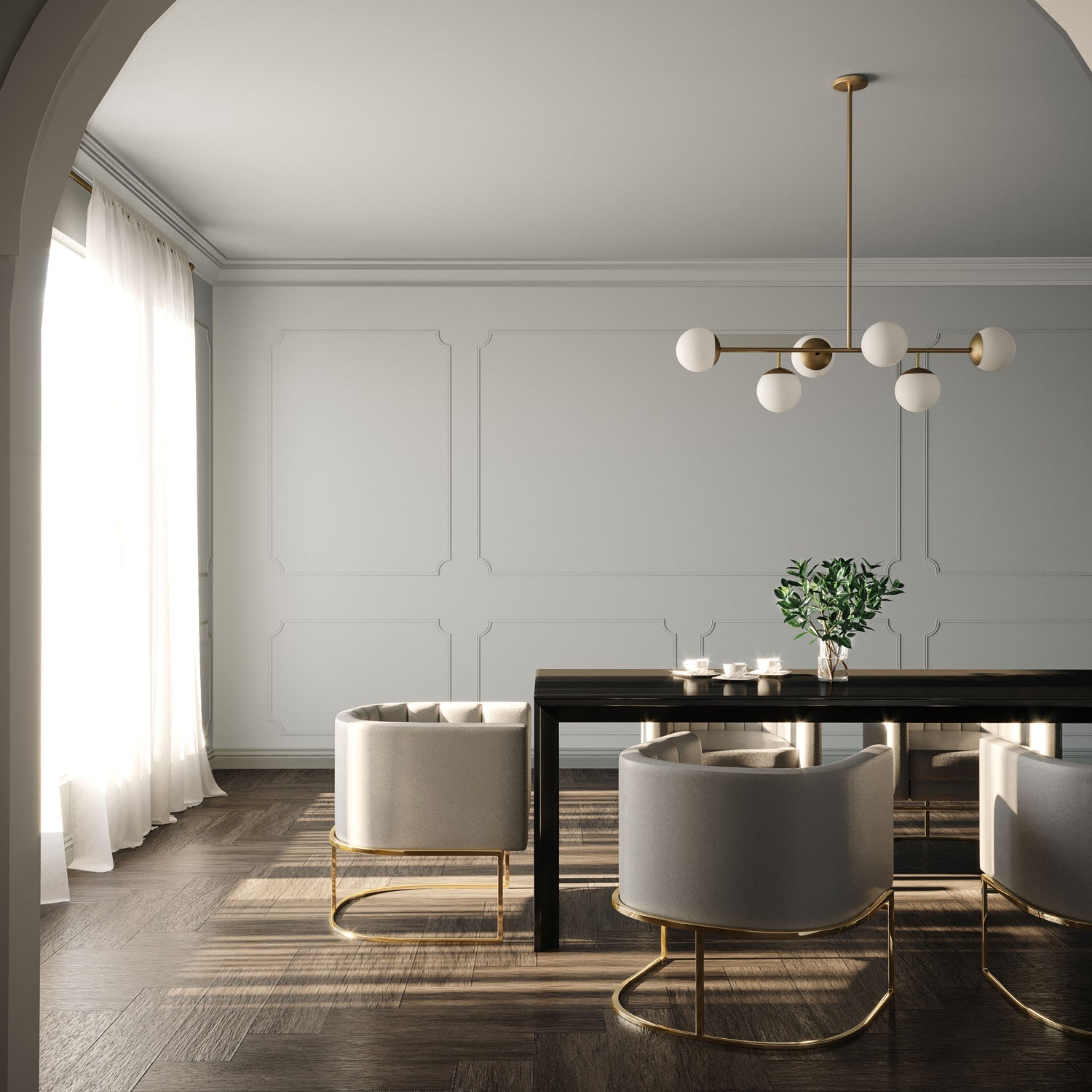 Castell 6 Globe Linear Pendant 46 Inch Aged Brass Dining Room Chandelier | Faylight
