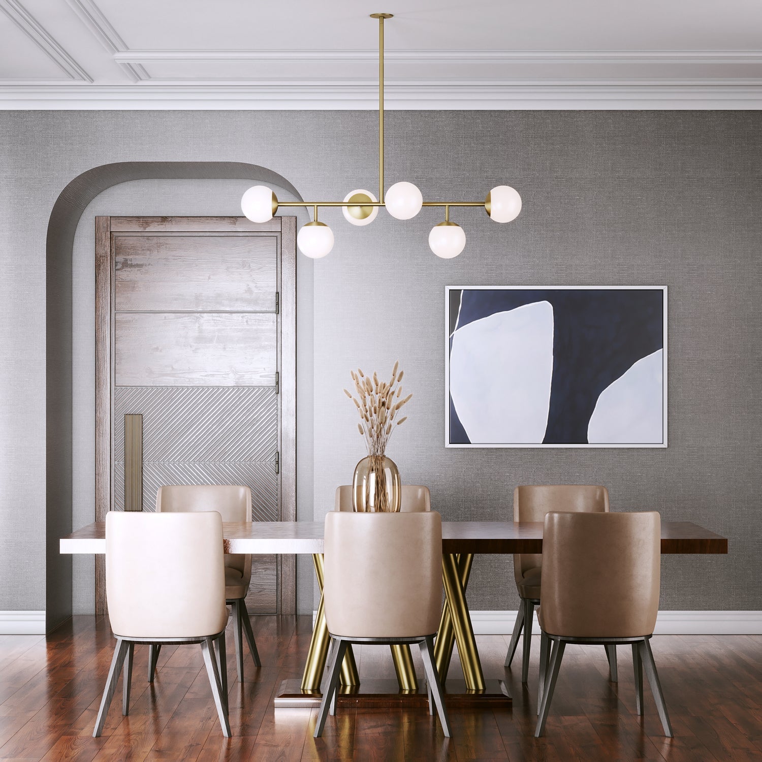 Castell 6 Globe Linear Pendant 46 Inch Aged Brass Dining Room Chandelier | Faylight