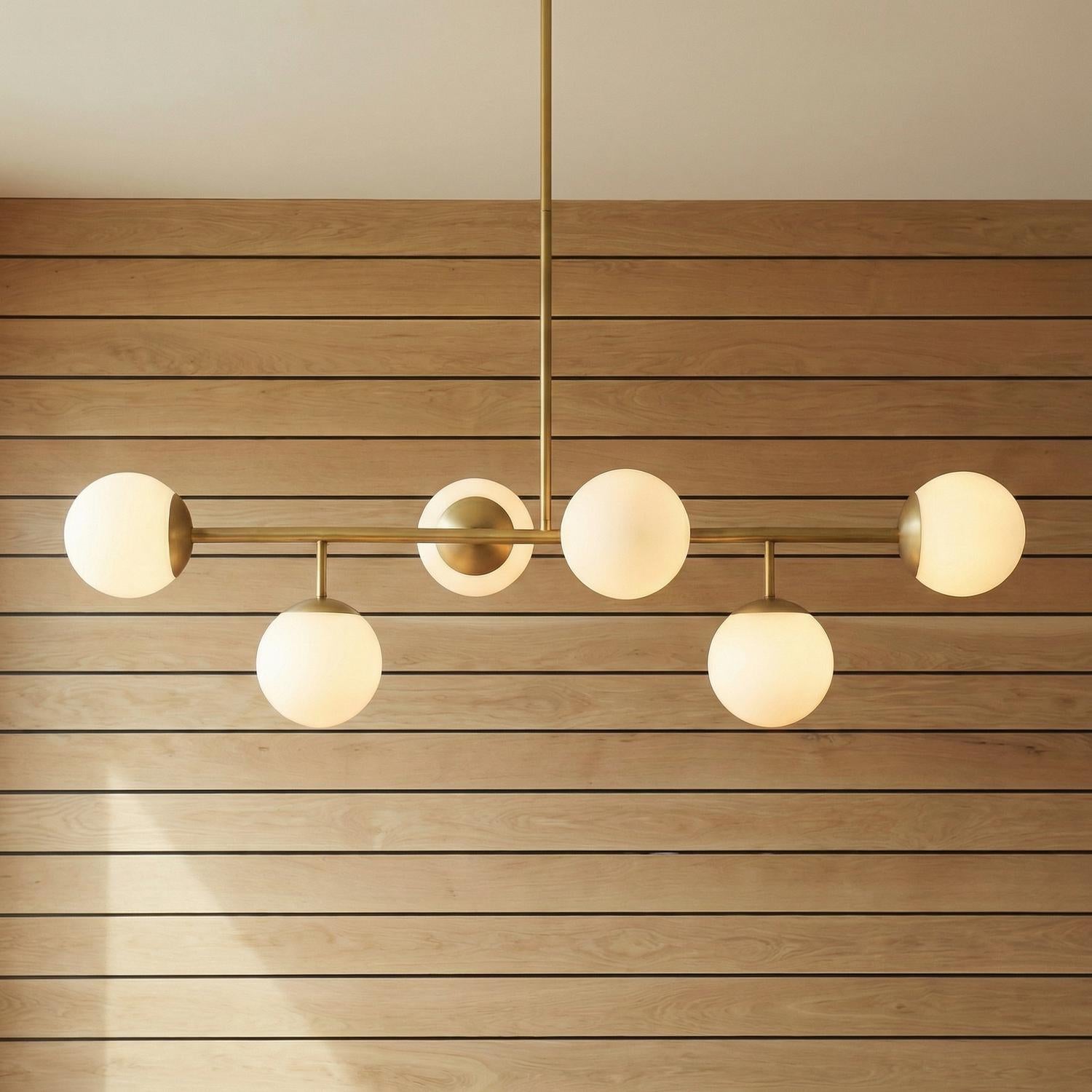 Castell 6 Globe Linear Pendant 46 Inch Aged Brass Dining Room Chandelier | Faylight