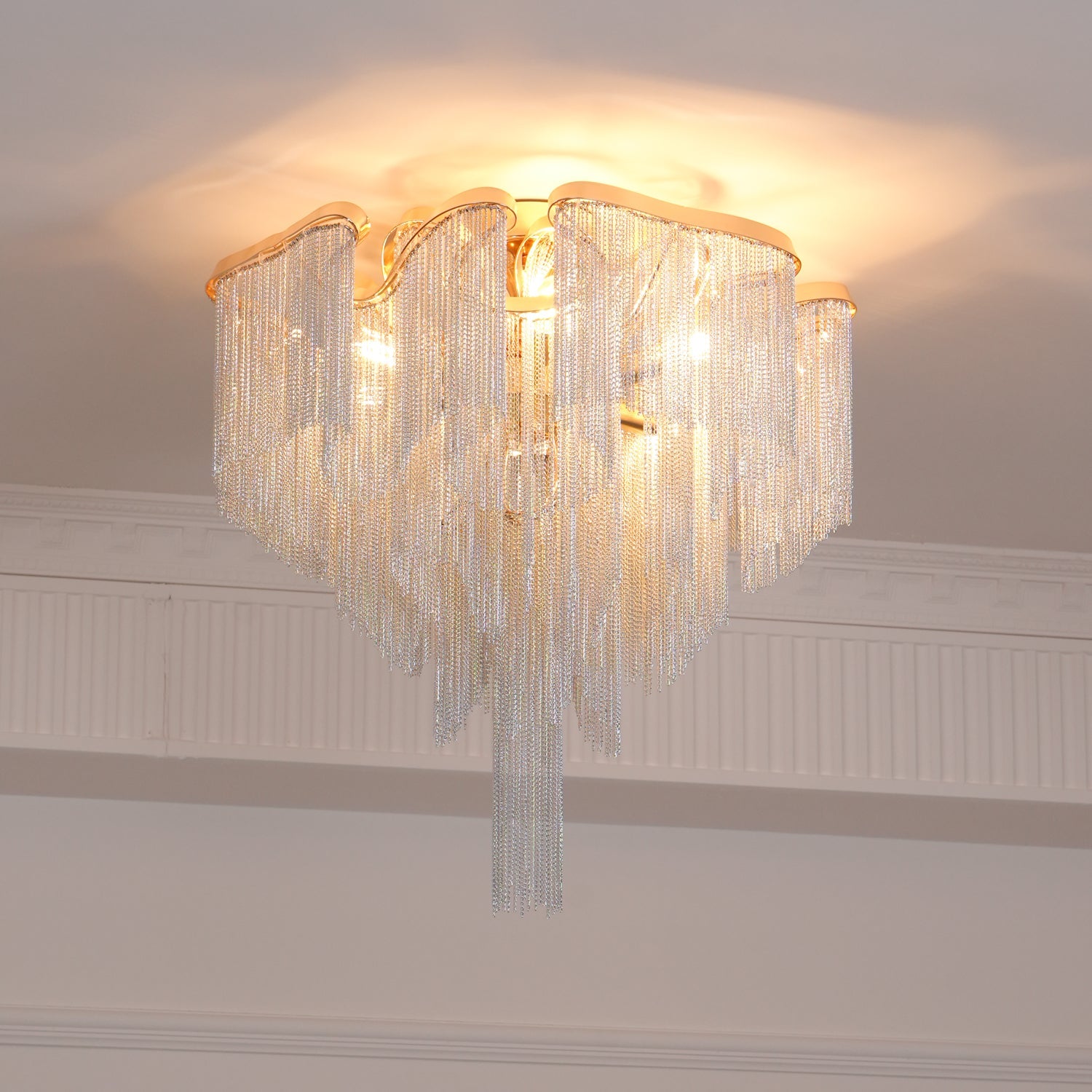 Art Deco Tassel Ceiling Light Champagne Gold Silver Chain Semi-Flush Mount Living Room Dining Room Bedroom Luxury Chandelier E14 LED Edison Low Ceiling Statement Lamp Indoor | Faylight
