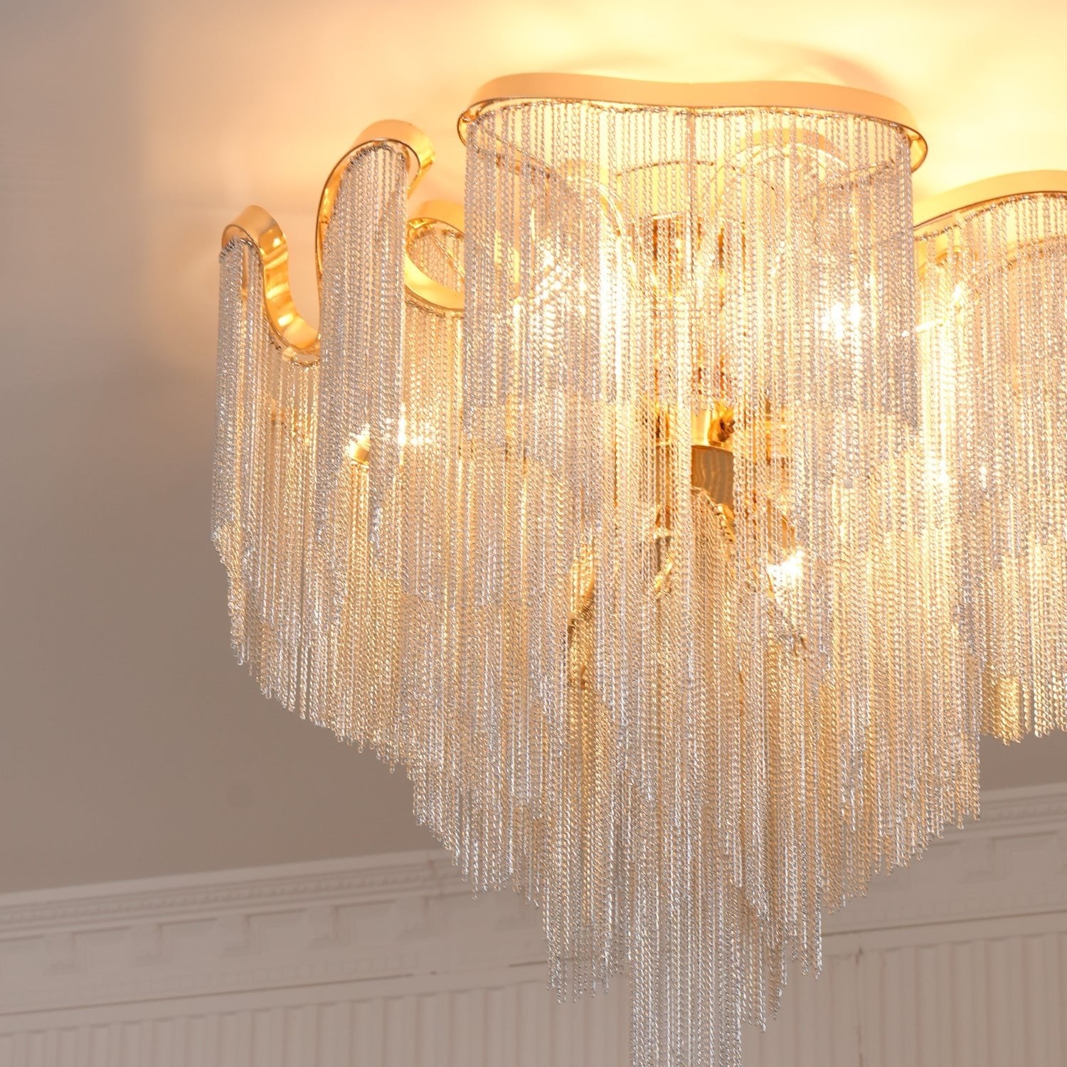 Art Deco Tassel Ceiling Light Champagne Gold Silver Chain Semi-Flush Mount Living Room Dining Room Bedroom Luxury Chandelier E14 LED Edison Low Ceiling Statement Lamp Indoor | Faylight
