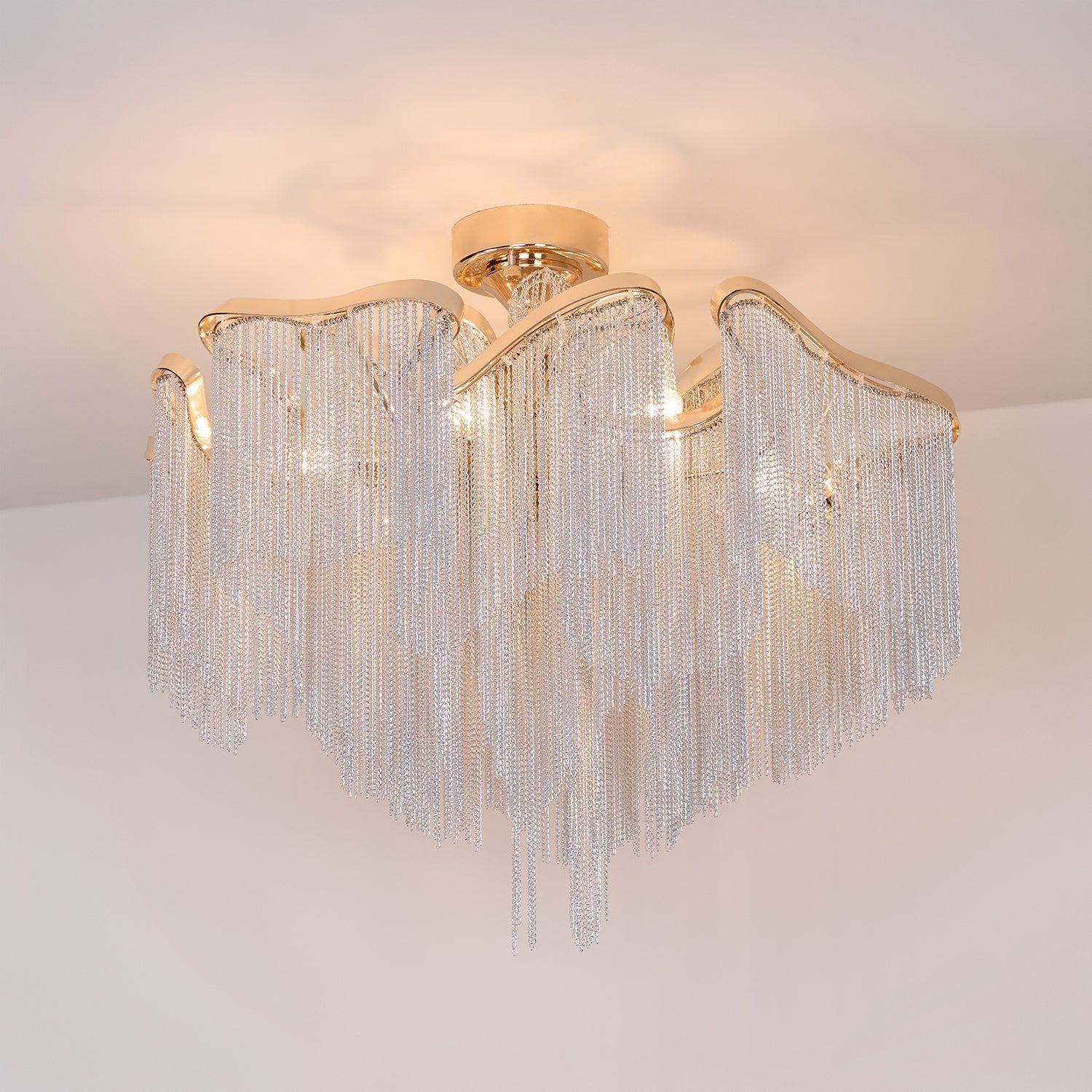 Art Deco Tassel Ceiling Light Champagne Gold Silver Chain Semi-Flush Mount Living Room Dining Room Bedroom Luxury Chandelier E14 LED Edison Low Ceiling Statement Lamp Indoor | Faylight