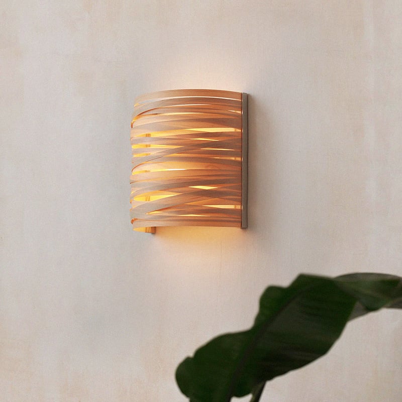 Cross Wood & Rattan Wall Sconce Metal E14 Wood Shavings Rattan Bedroom Living Room Hallway Hardwired Japandi Natural | Faylight