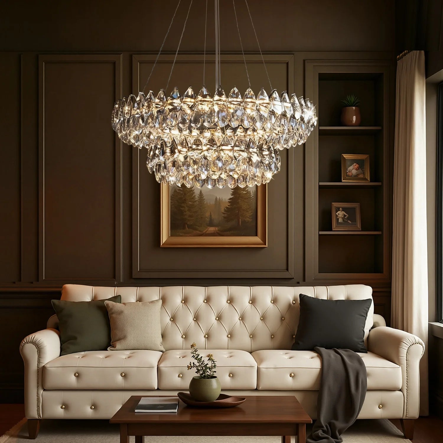 Double-Layer Water Drop Crystal Chandelier Chrome LED Living Room Dining Room Bedroom Two Ring Modern Luxury Pendant Light | Faylight