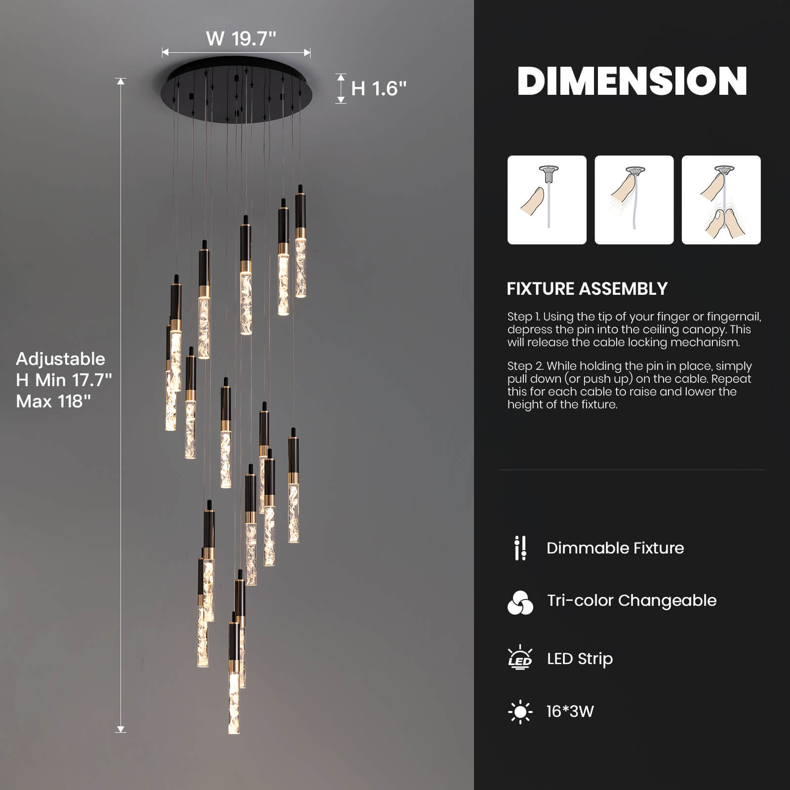 Crystal Foyer Chandelier Black K9 Cascading LED 16 Lights High Ceiling Staircase Living Room Modern Luxury | Faylight